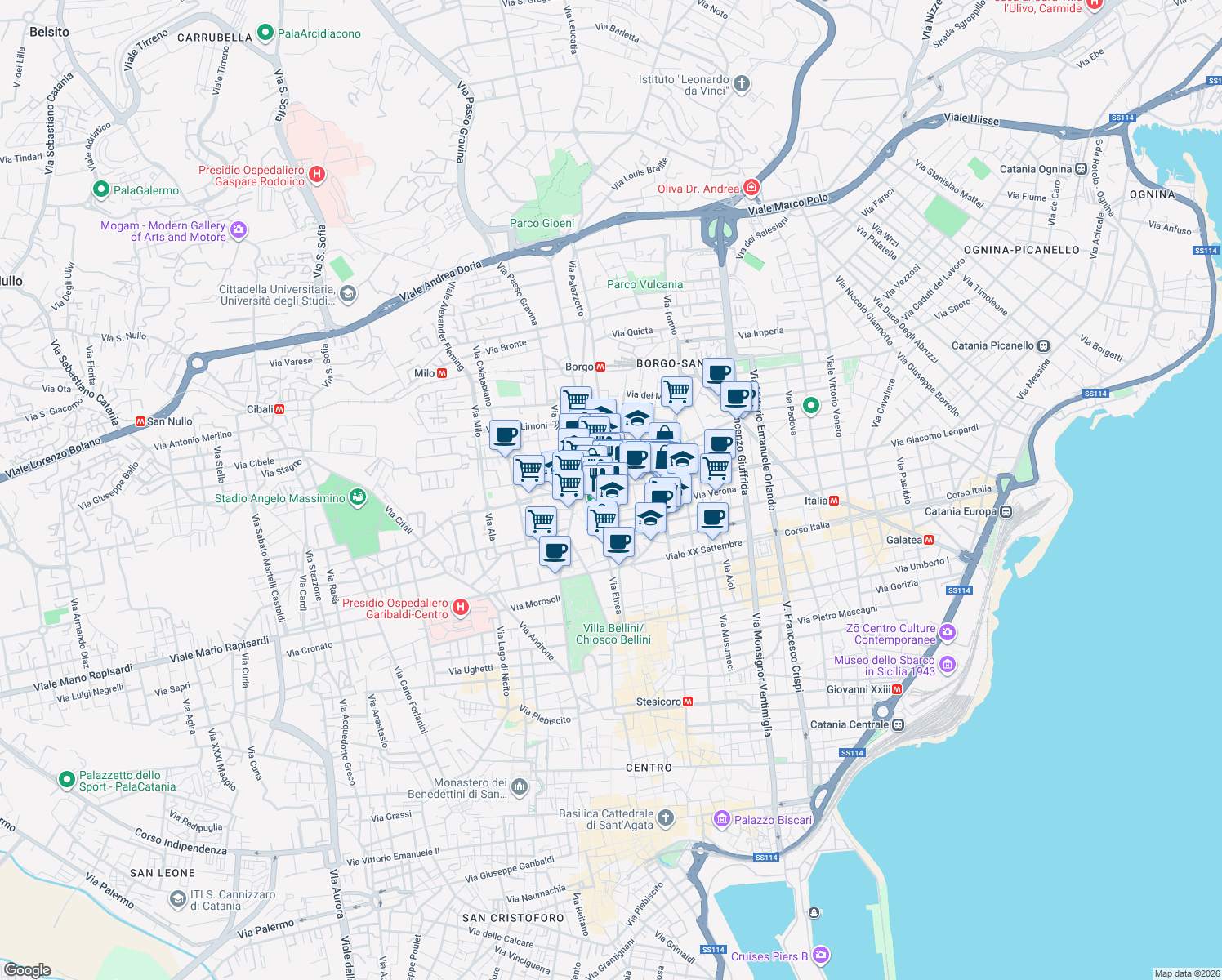 map of restaurants, bars, coffee shops, grocery stores, and more near 48 Via Monserrato in Catania