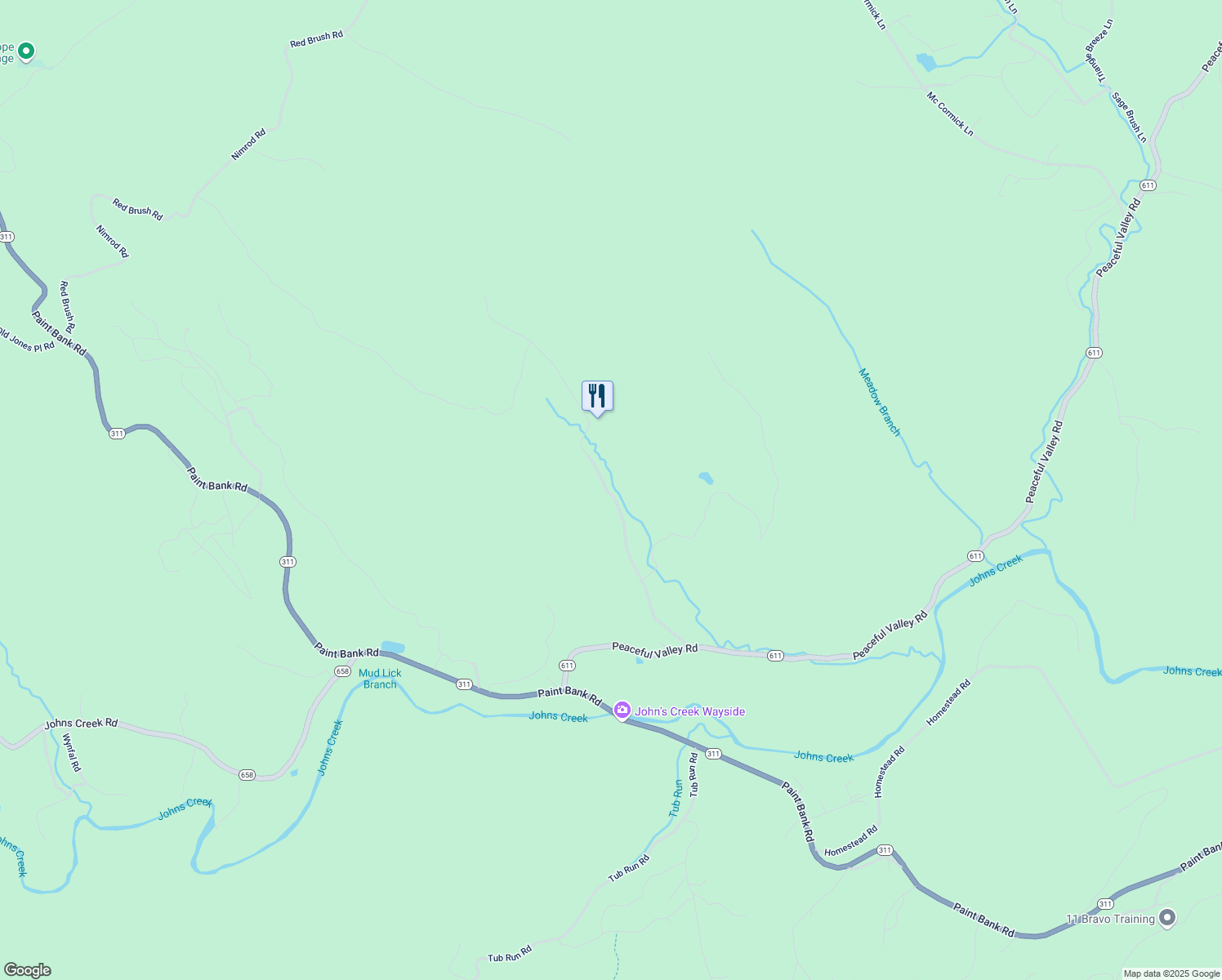 map of restaurants, bars, coffee shops, grocery stores, and more near 451 Peaceful Valley Road in Craig County
