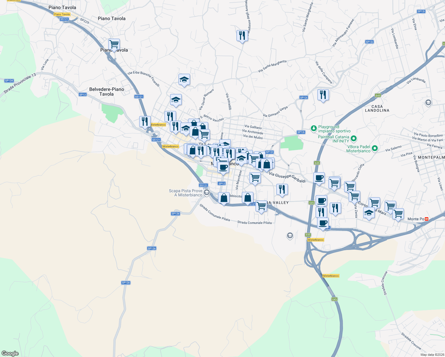 map of restaurants, bars, coffee shops, grocery stores, and more near 39 Via Palestro in Misterbianco