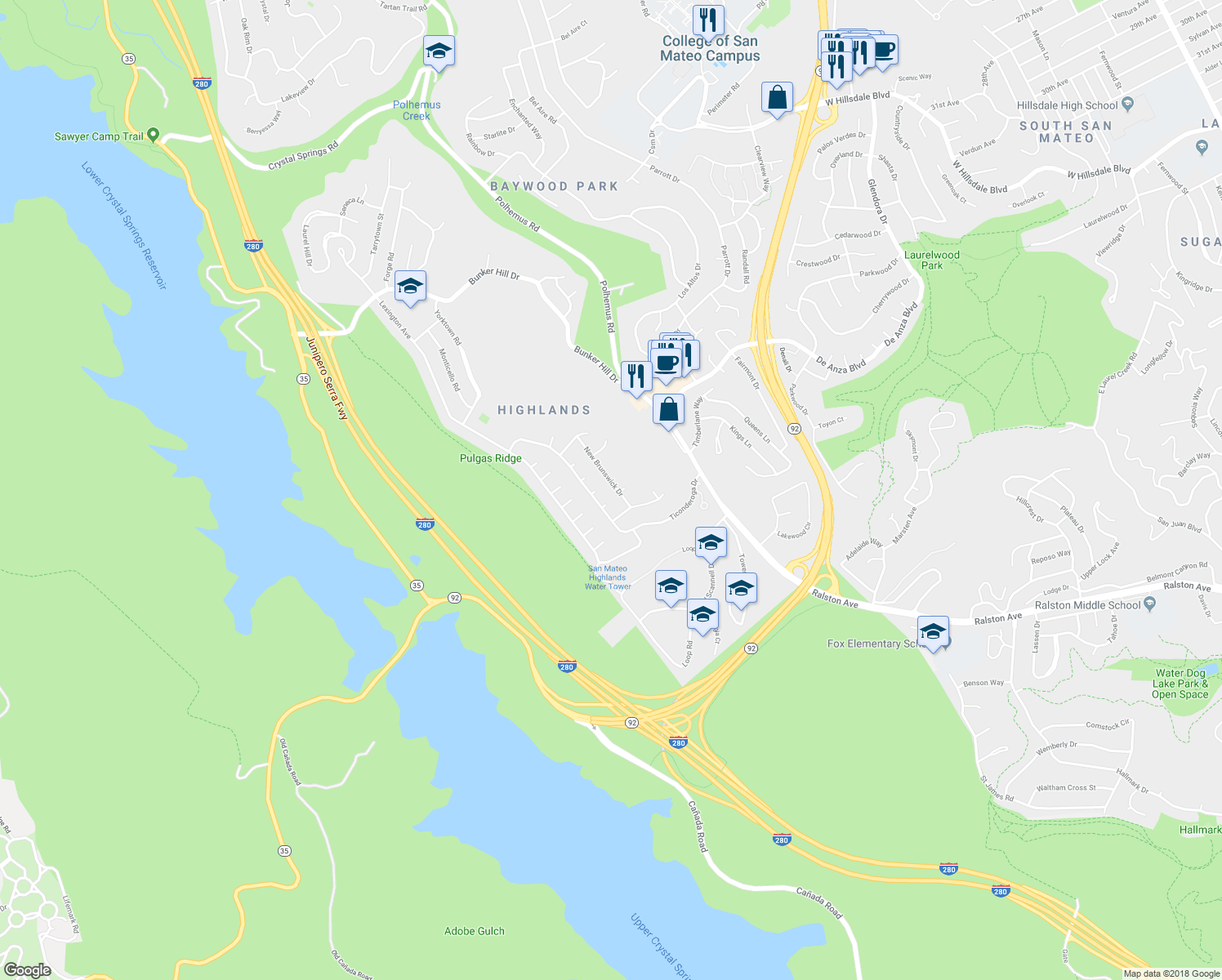 map of restaurants, bars, coffee shops, grocery stores, and more near 2068 New Brunswick Drive in San Mateo