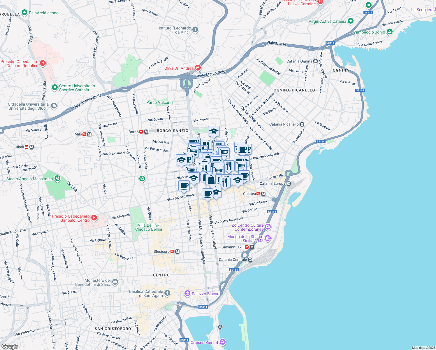 map of restaurants, bars, coffee shops, grocery stores, and more near 42-64 Via Firenze in Catania