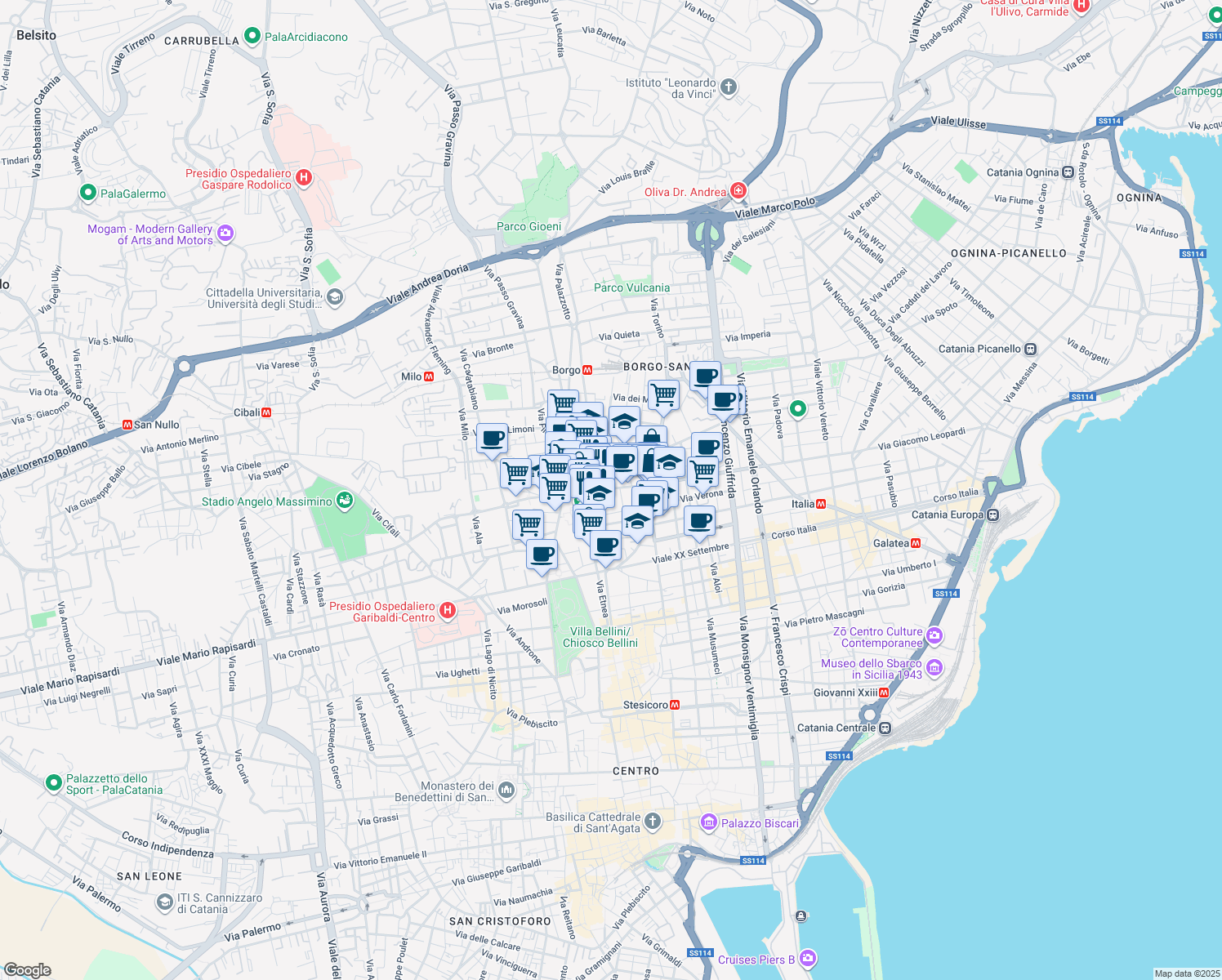 map of restaurants, bars, coffee shops, grocery stores, and more near 48 Via Monserrato in Catania