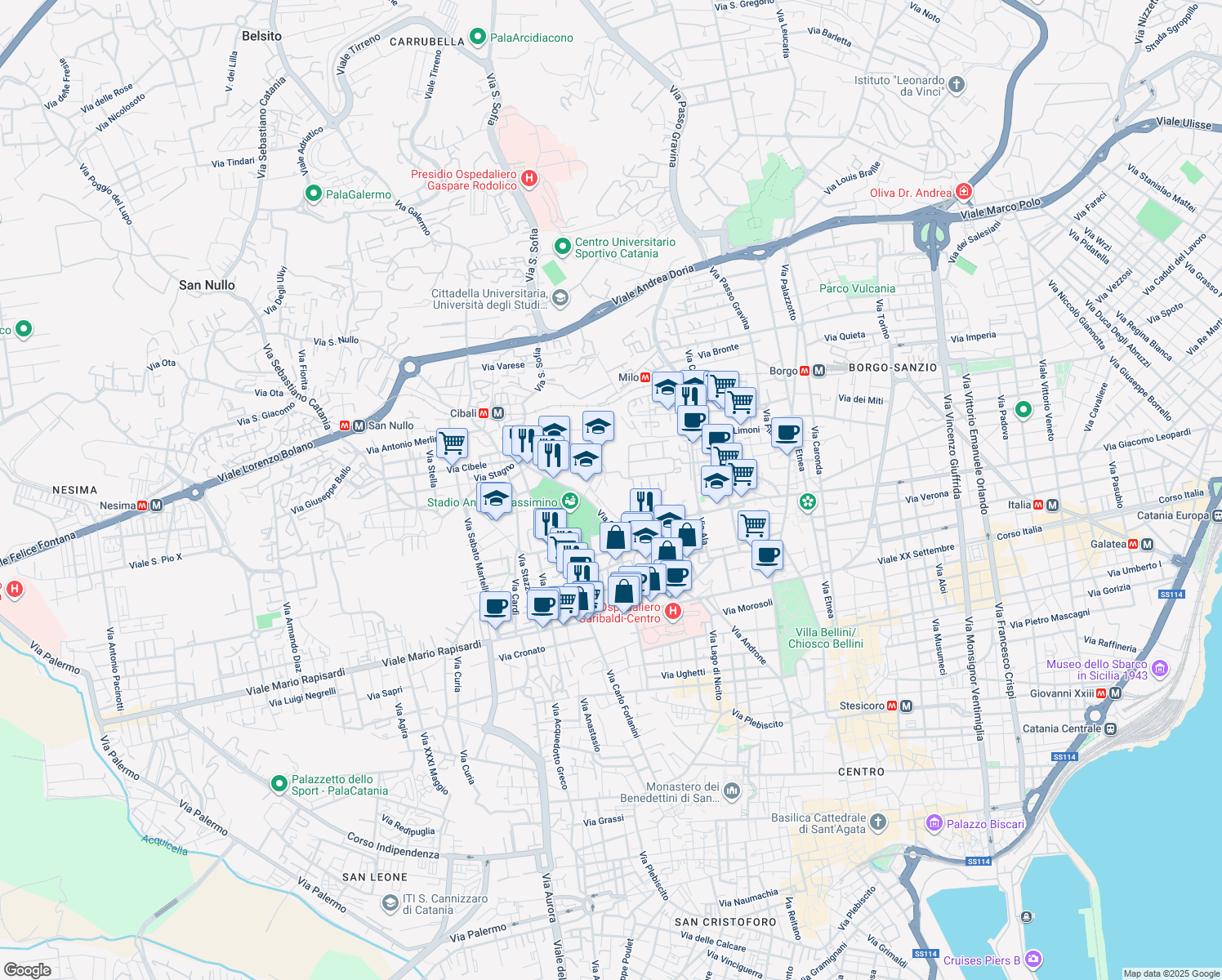 map of restaurants, bars, coffee shops, grocery stores, and more near Via Cappuccini Vecchi in Catania
