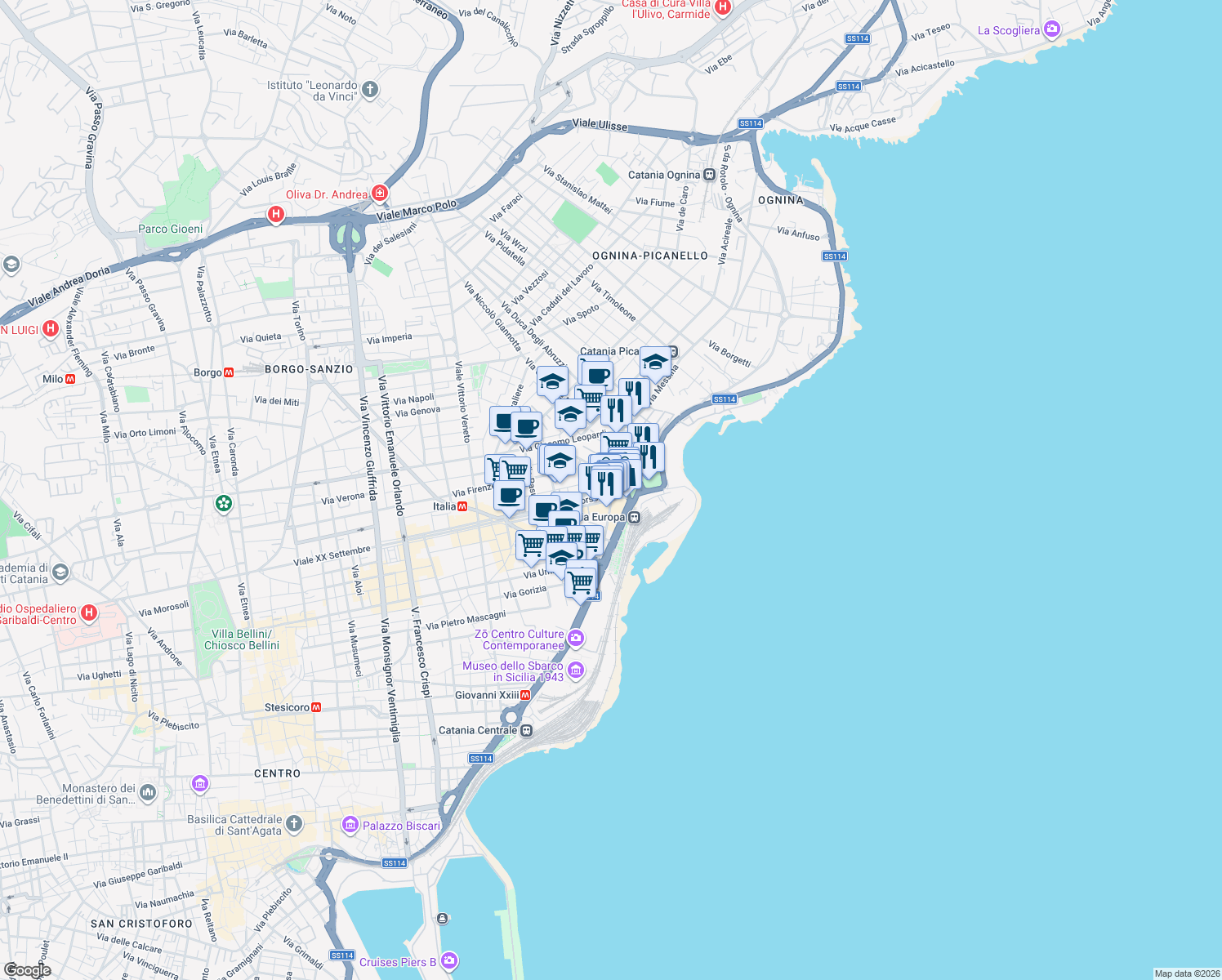 map of restaurants, bars, coffee shops, grocery stores, and more near 243 Corso Italia in Catania