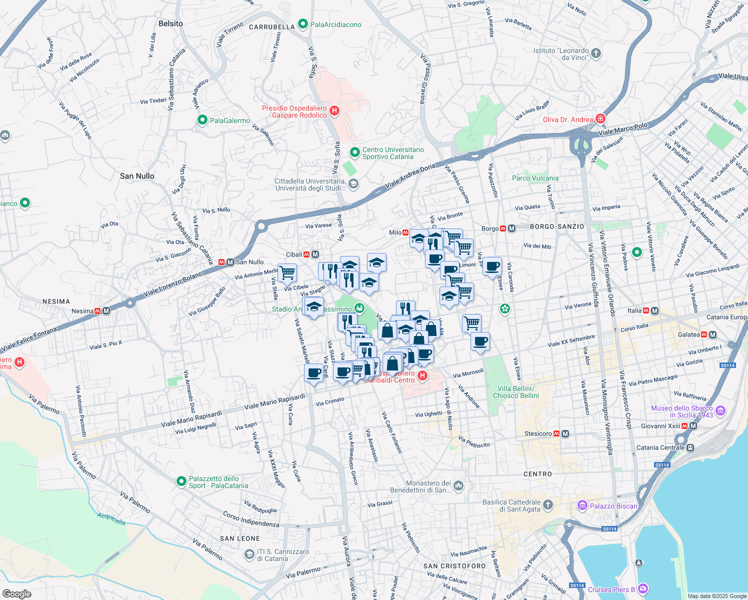 map of restaurants, bars, coffee shops, grocery stores, and more near Via Cappuccini Vecchi in Catania