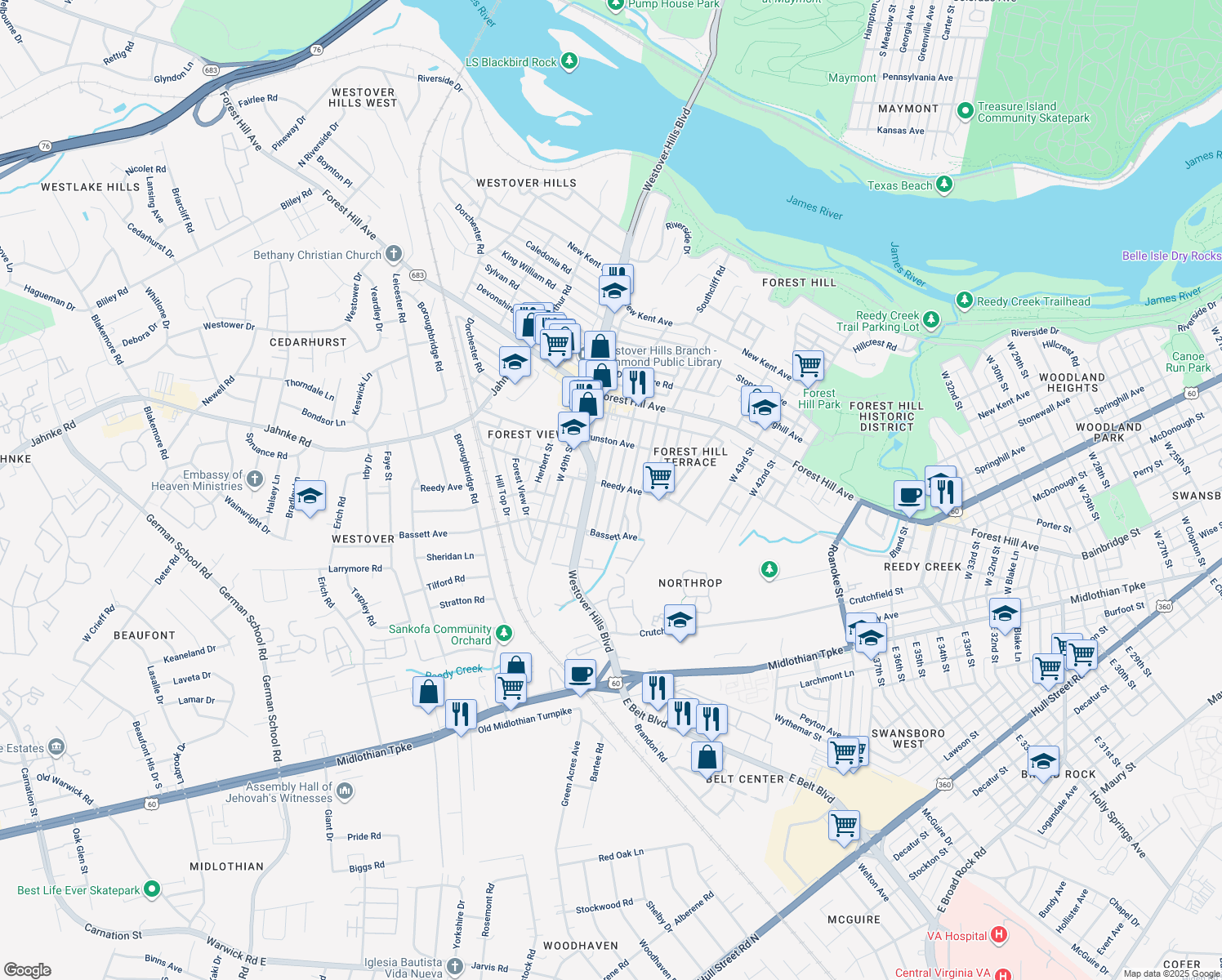 map of restaurants, bars, coffee shops, grocery stores, and more near 824 West 47th Street in Richmond