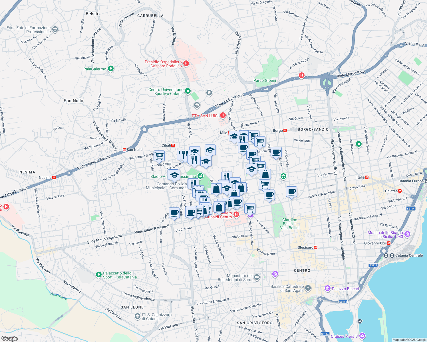 map of restaurants, bars, coffee shops, grocery stores, and more near Via Cappuccini Vecchi in Catania