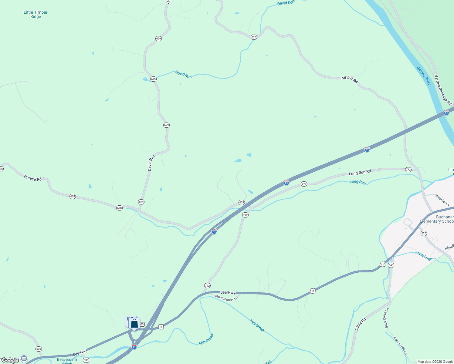 map of restaurants, bars, coffee shops, grocery stores, and more near in Buchanan