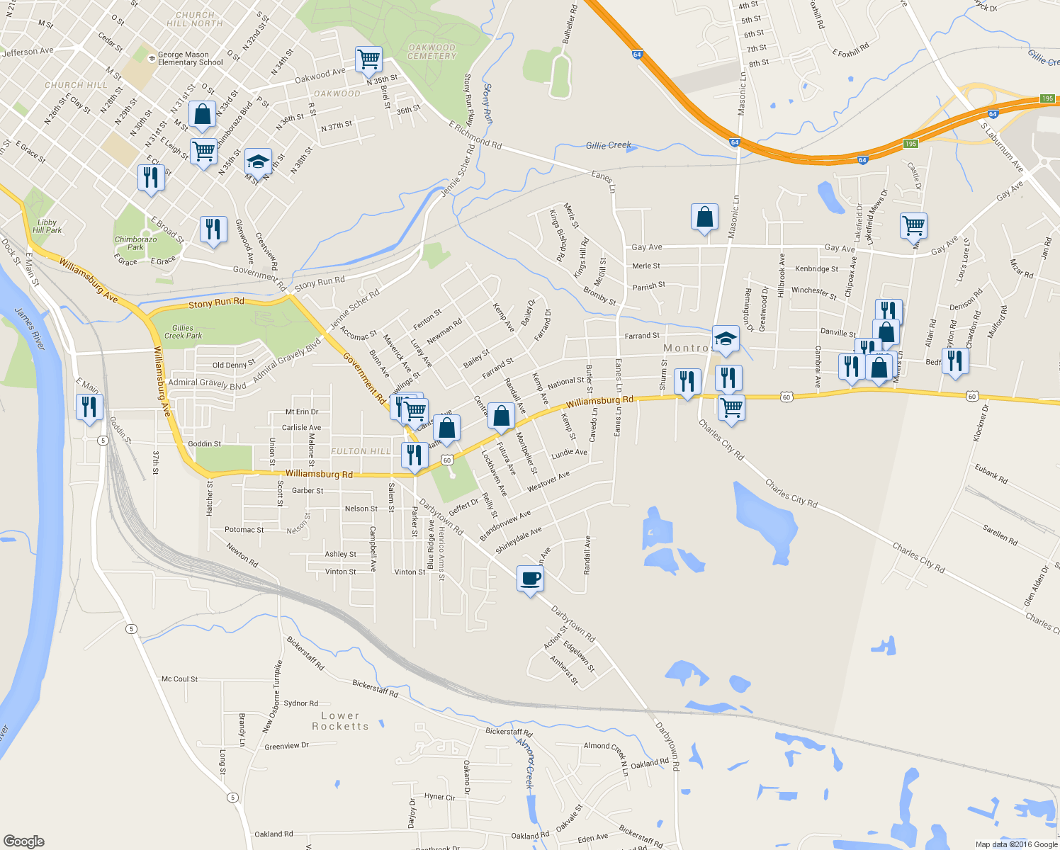 map of restaurants, bars, coffee shops, grocery stores, and more near 2109 Williamsburg Road in Richmond