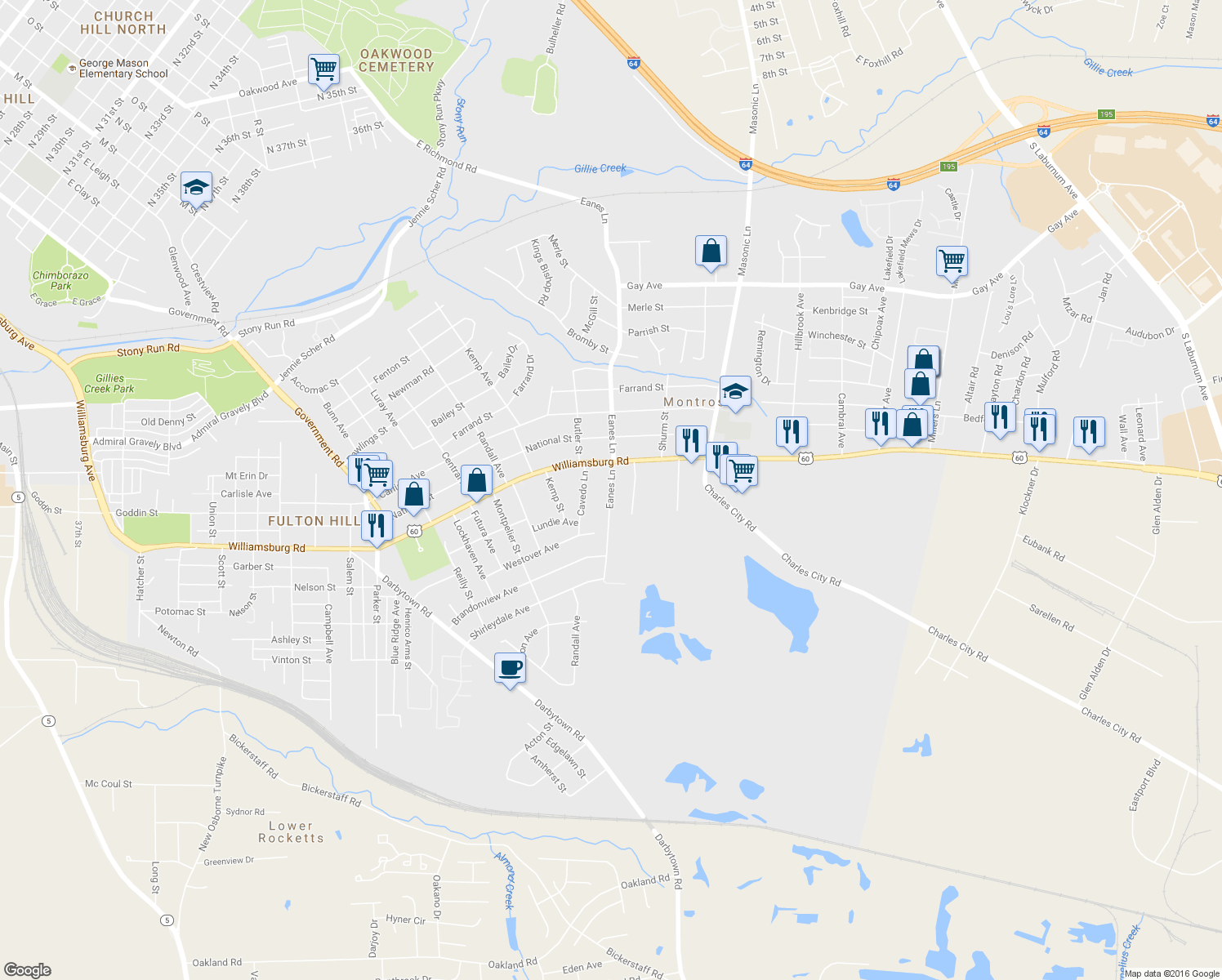 map of restaurants, bars, coffee shops, grocery stores, and more near 5109 Eanes Lane in Henrico