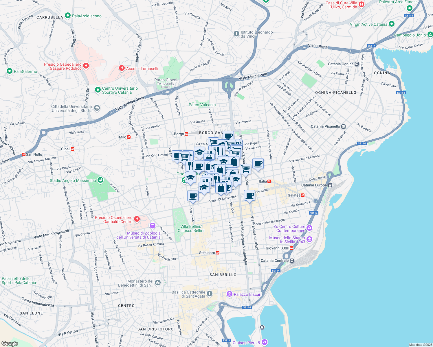 map of restaurants, bars, coffee shops, grocery stores, and more near 138 Via Gabriele D'Annunzio in Catania