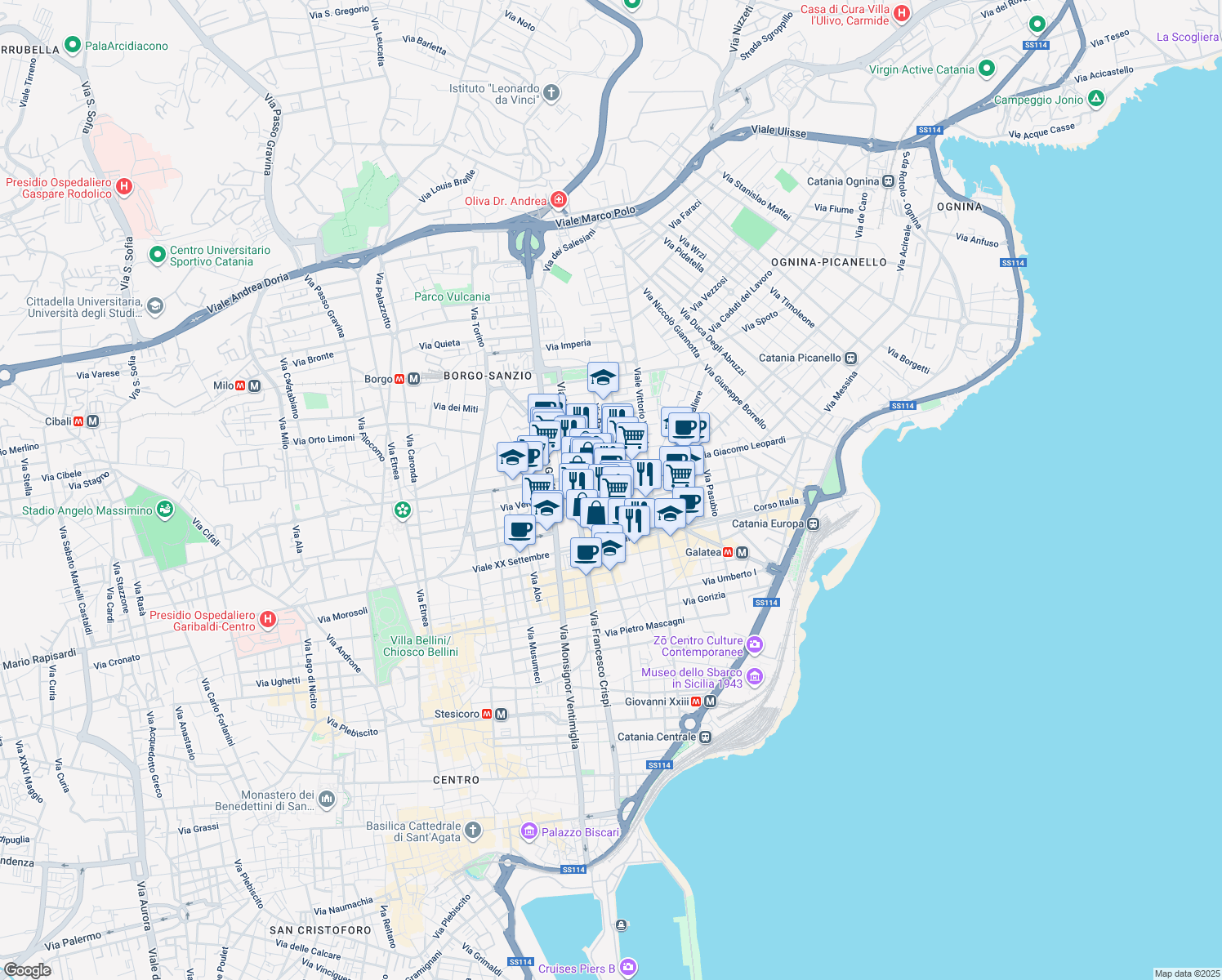 map of restaurants, bars, coffee shops, grocery stores, and more near 64 Via Firenze in Catania