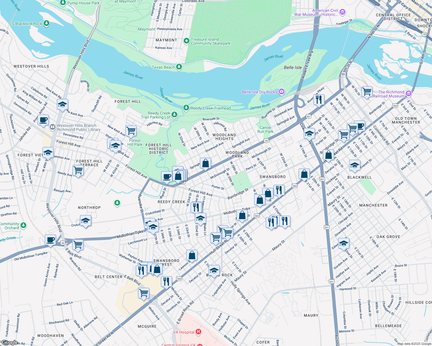 map of restaurants, bars, coffee shops, grocery stores, and more near 404 West 30th Street in Richmond