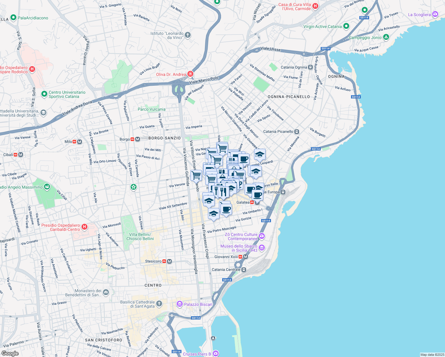 map of restaurants, bars, coffee shops, grocery stores, and more near 12 Viale Vittorio Veneto in Catania
