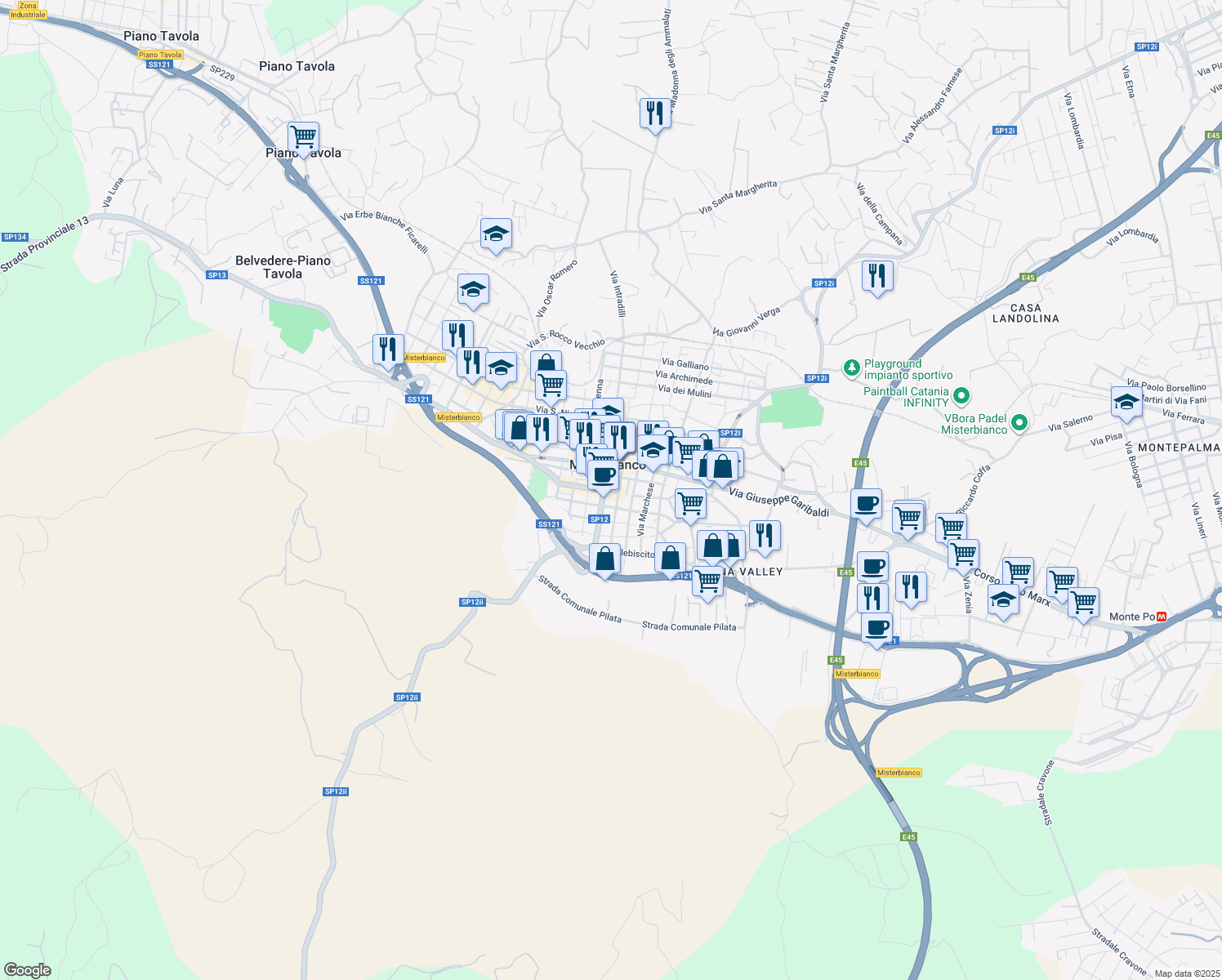 map of restaurants, bars, coffee shops, grocery stores, and more near 98 Via Giordano Bruno in Misterbianco
