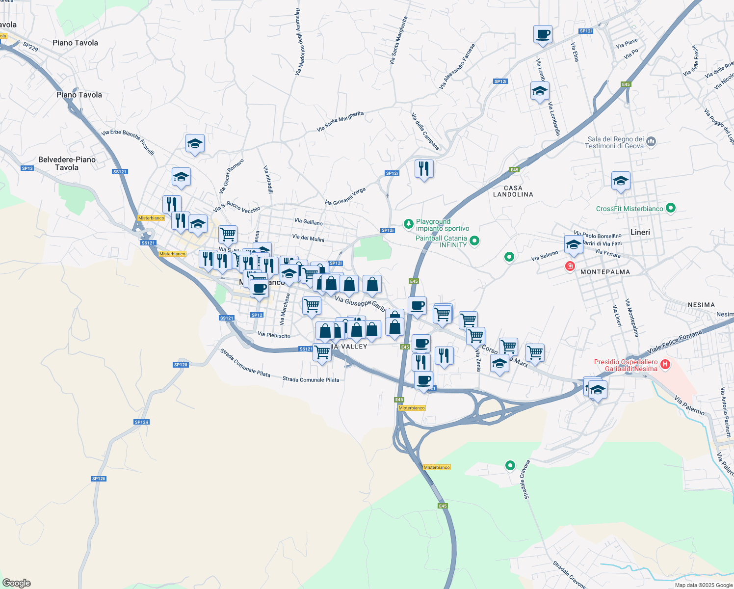 map of restaurants, bars, coffee shops, grocery stores, and more near 26 Via Ammiraglio Caracciolo in Misterbianco