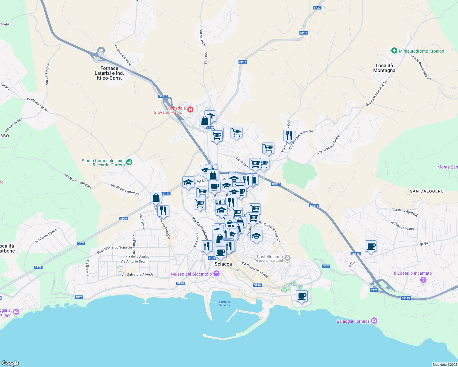 map of restaurants, bars, coffee shops, grocery stores, and more near 68 Via Giotto in Sciacca