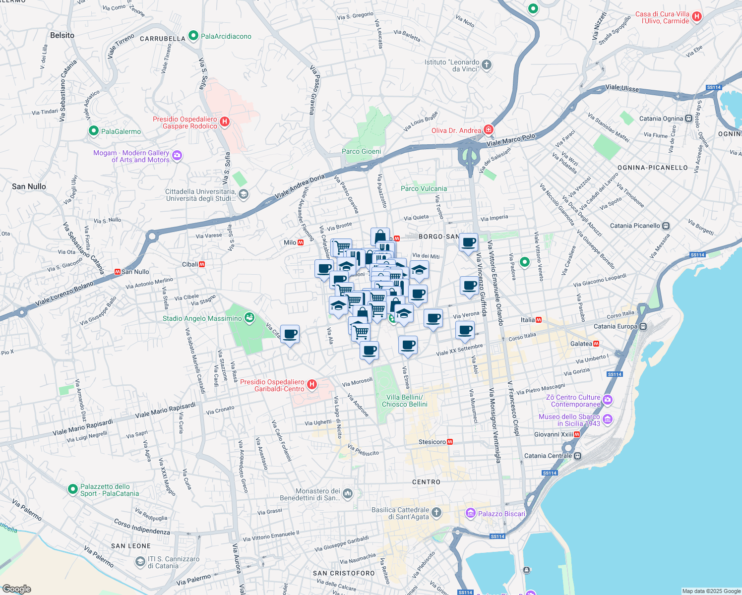 map of restaurants, bars, coffee shops, grocery stores, and more near Via Aurelio Nicolodi in Catania