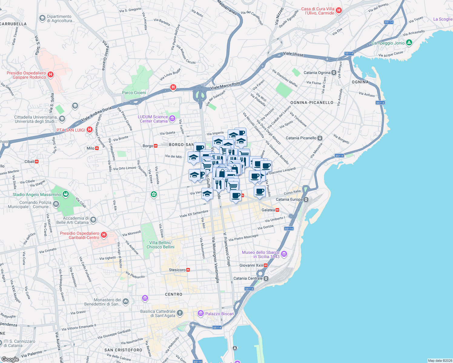 map of restaurants, bars, coffee shops, grocery stores, and more near 138 Via Gabriele D'Annunzio in Catania