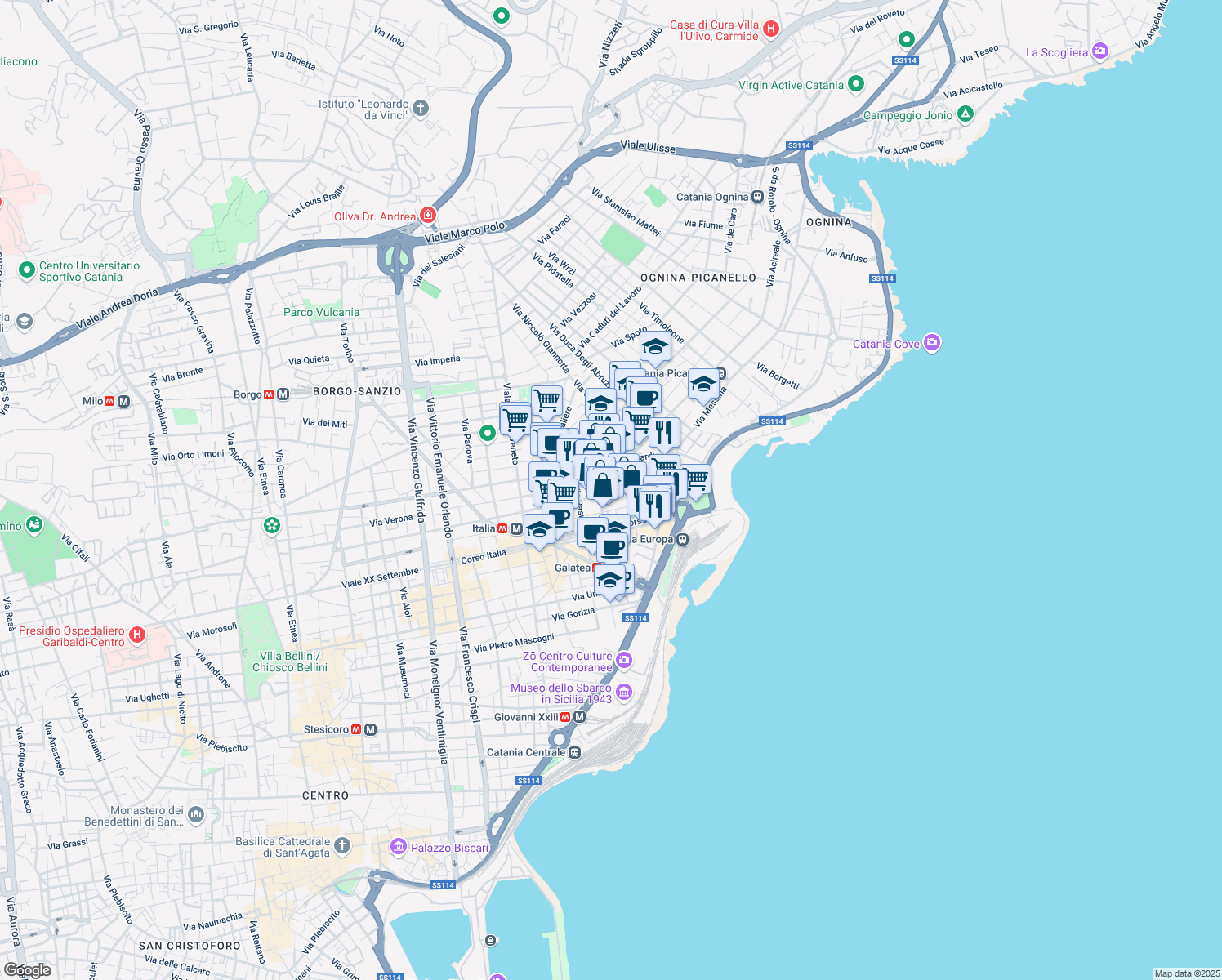 map of restaurants, bars, coffee shops, grocery stores, and more near 33 Via Asiago in Catania
