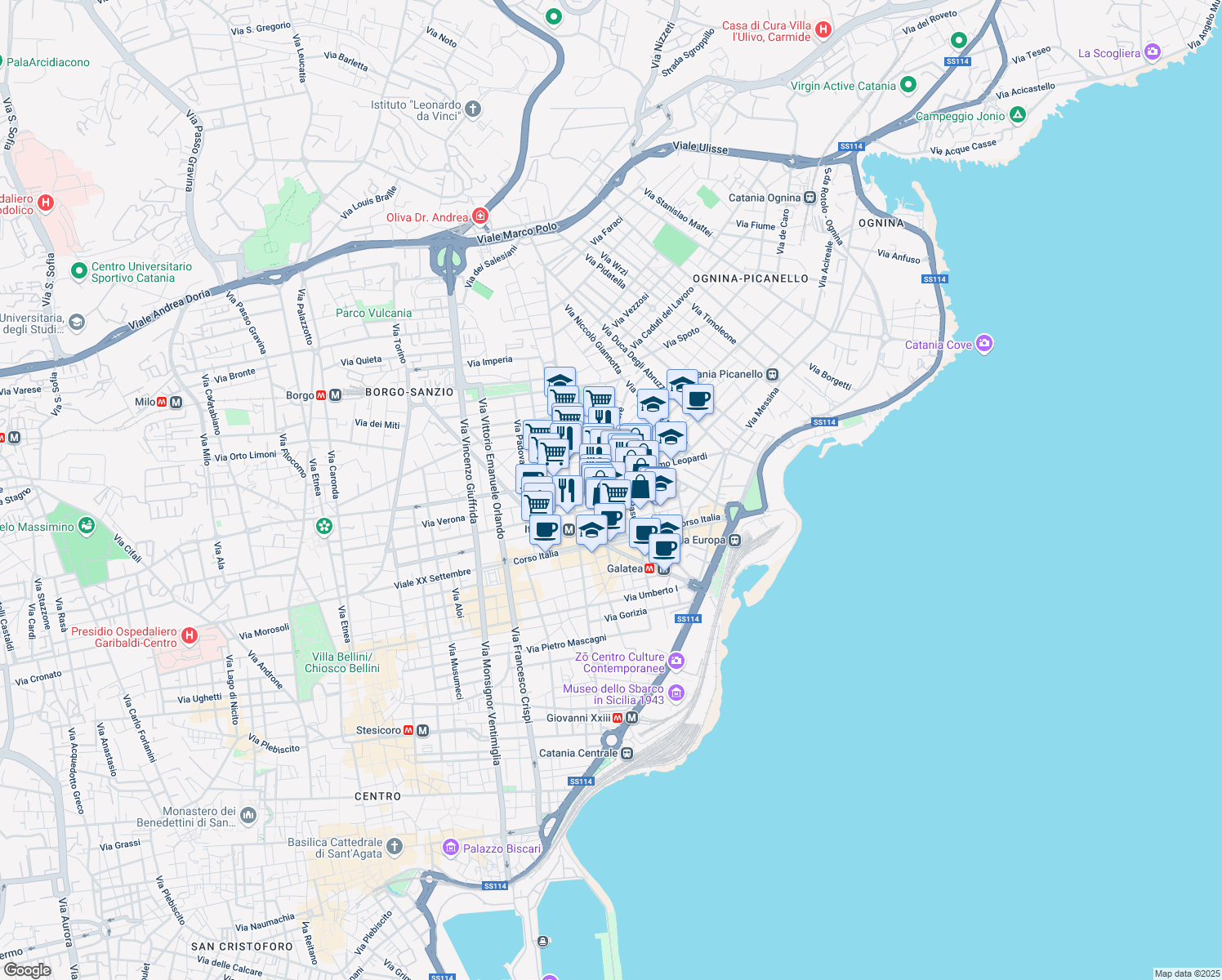 map of restaurants, bars, coffee shops, grocery stores, and more near 63 Via Milano in Catania