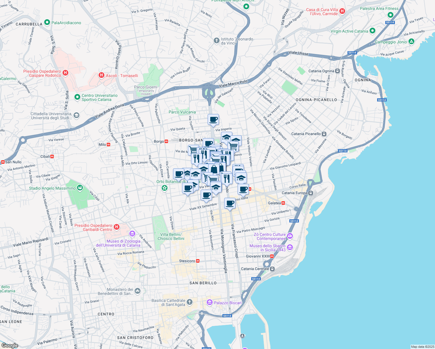 map of restaurants, bars, coffee shops, grocery stores, and more near 74 Via Angelo Gabriele in Bronte