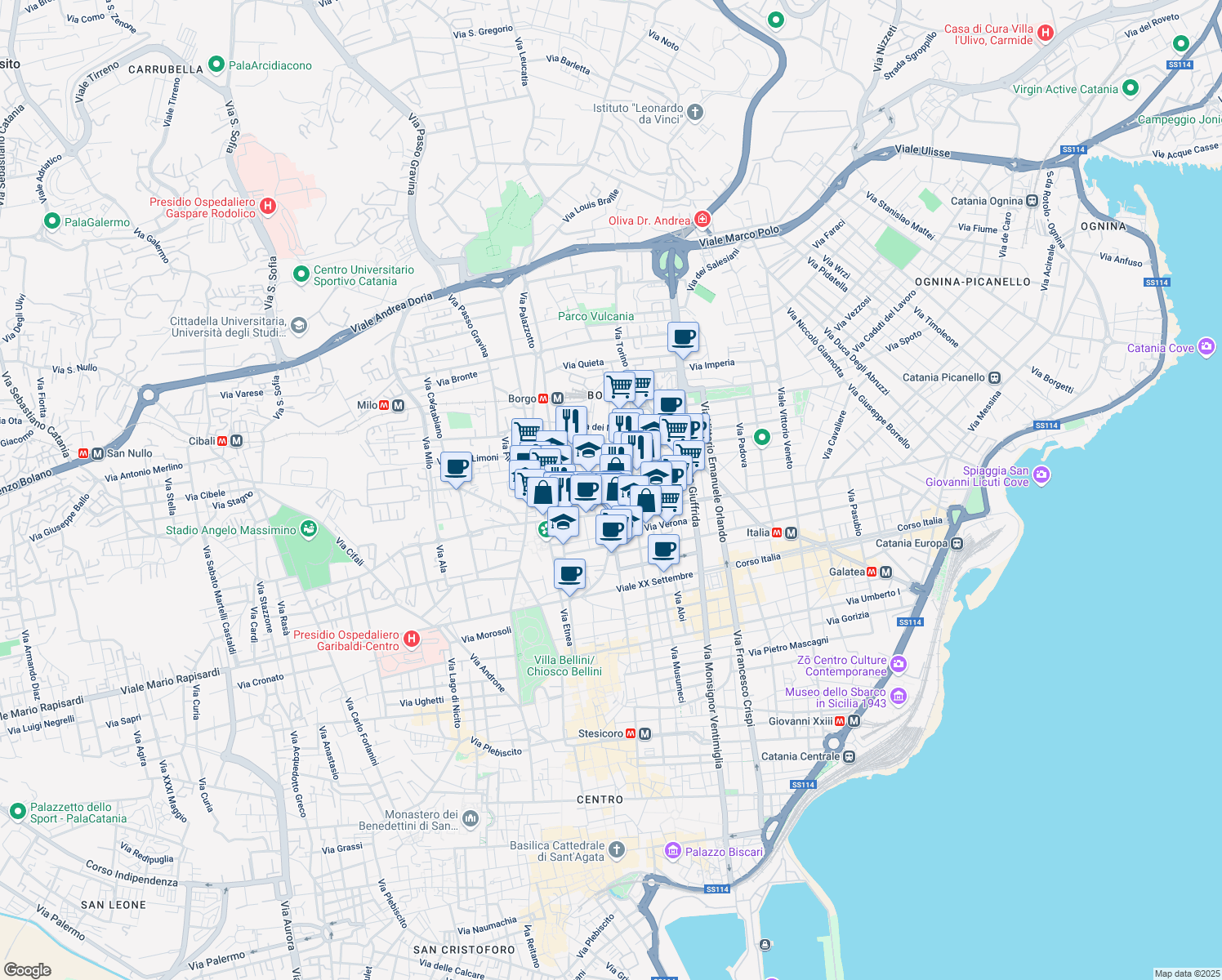 map of restaurants, bars, coffee shops, grocery stores, and more near 59 Via Canfora in Catania