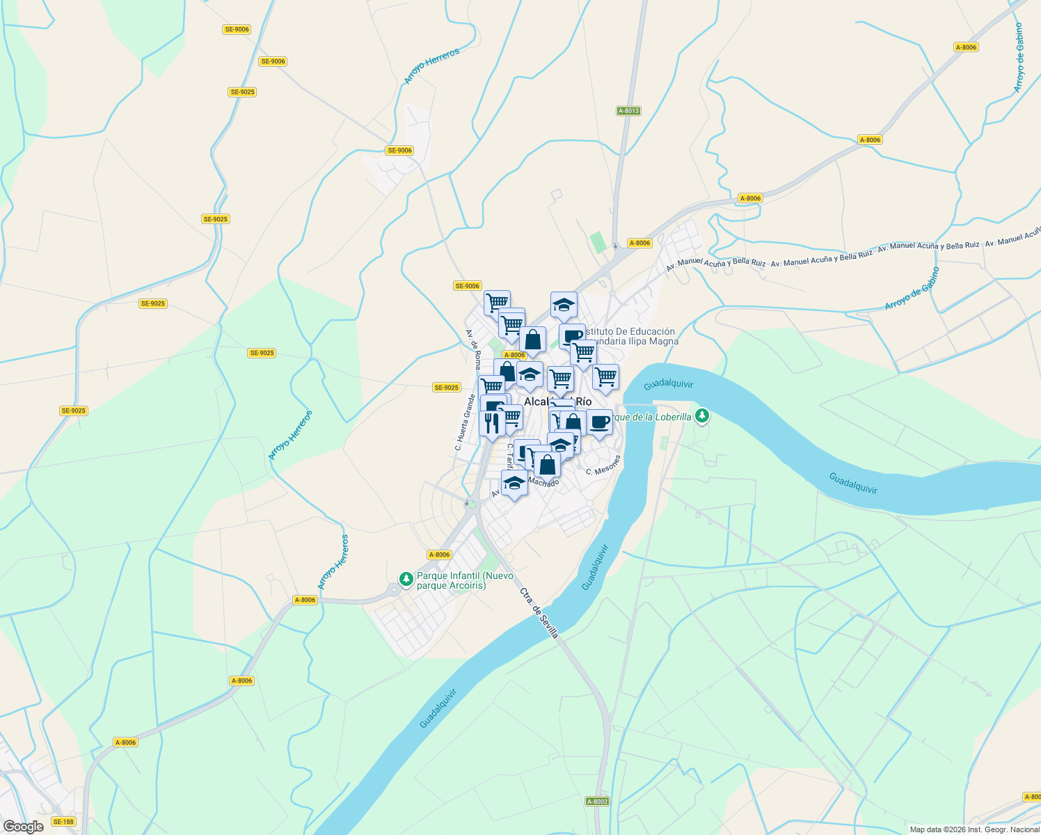 map of restaurants, bars, coffee shops, grocery stores, and more near 27 Calle Manuel García Baquero Manolo Revertito in Alcalá del Río