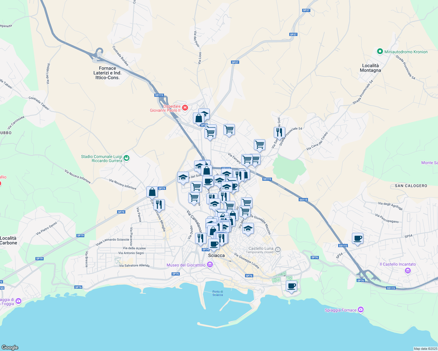 map of restaurants, bars, coffee shops, grocery stores, and more near 68 Via Giotto in Sciacca
