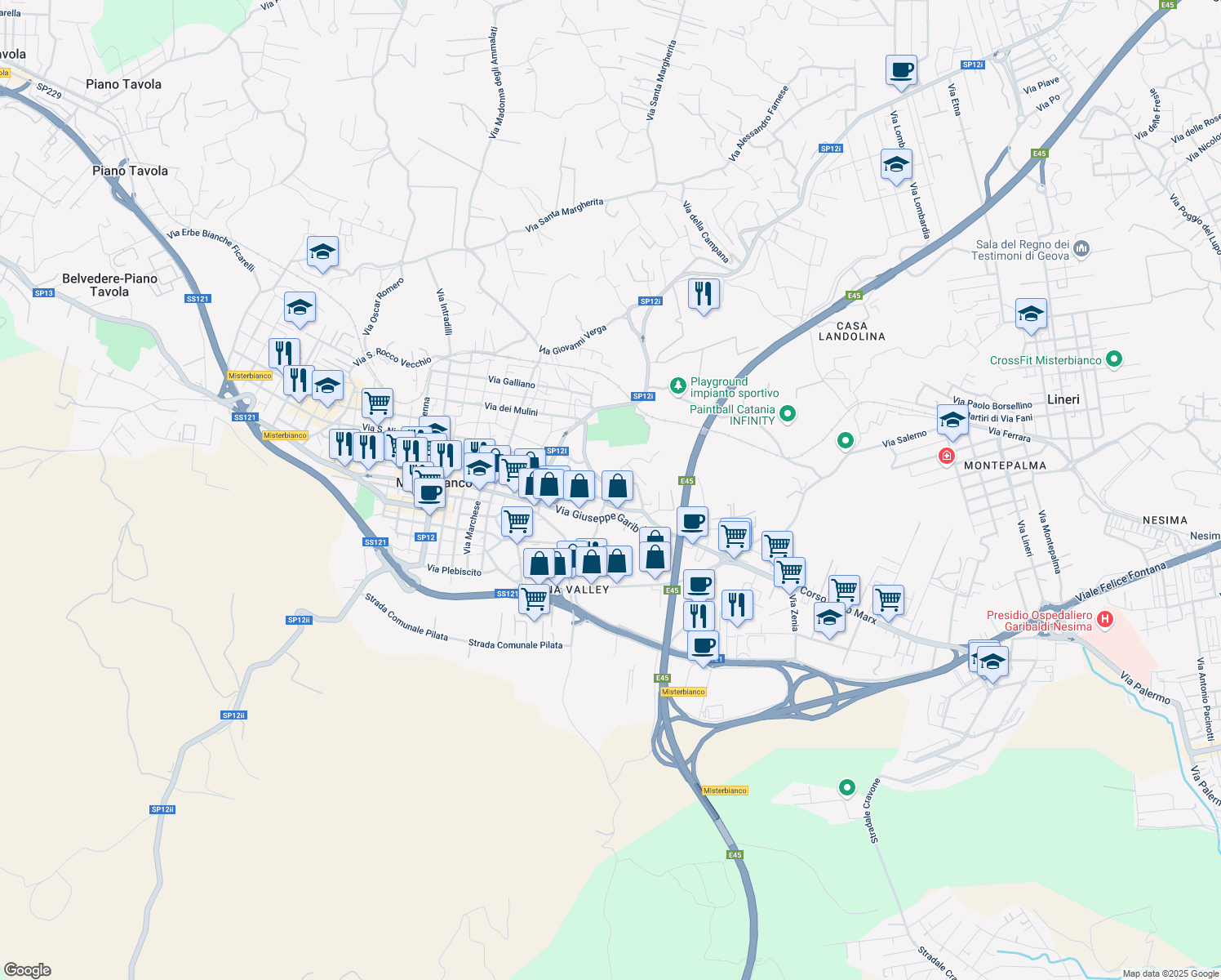 map of restaurants, bars, coffee shops, grocery stores, and more near 26 Via Ammiraglio Caracciolo in Misterbianco