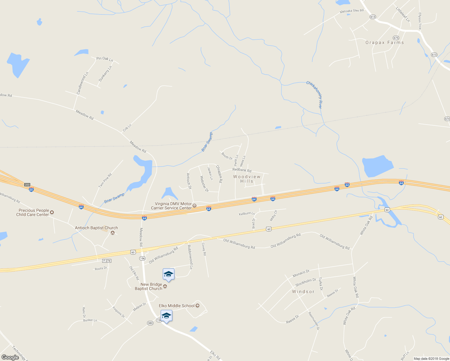 map of restaurants, bars, coffee shops, grocery stores, and more near 209 Chiappa Road in Sandston