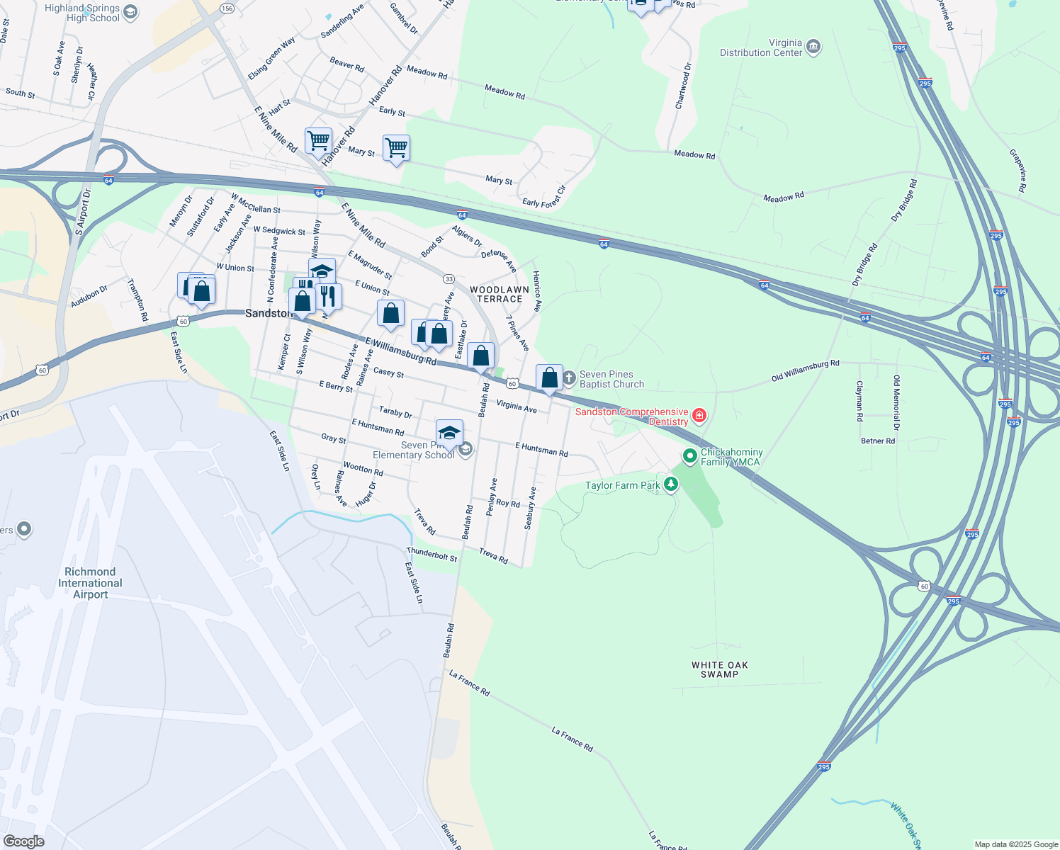 map of restaurants, bars, coffee shops, grocery stores, and more near 106 Sandston Avenue in Sandston