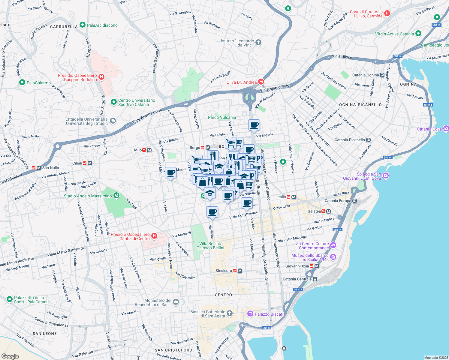 map of restaurants, bars, coffee shops, grocery stores, and more near 59 Via Canfora in Catania