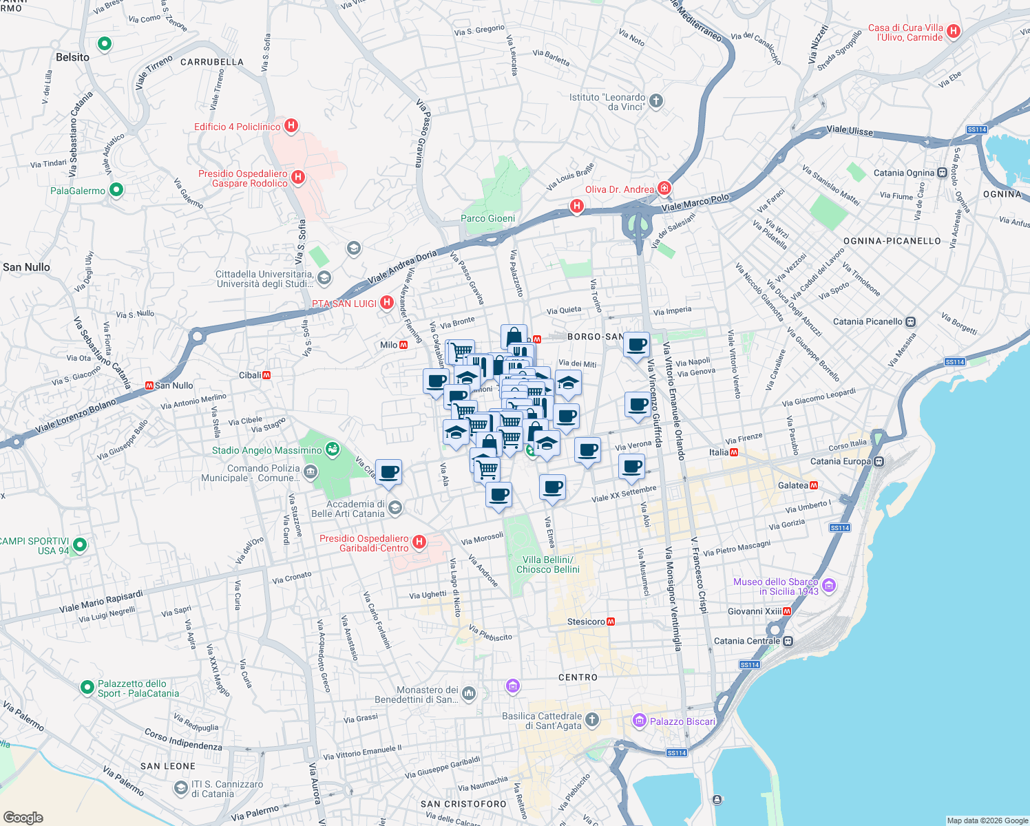 map of restaurants, bars, coffee shops, grocery stores, and more near 12 Via Borgo in Catania