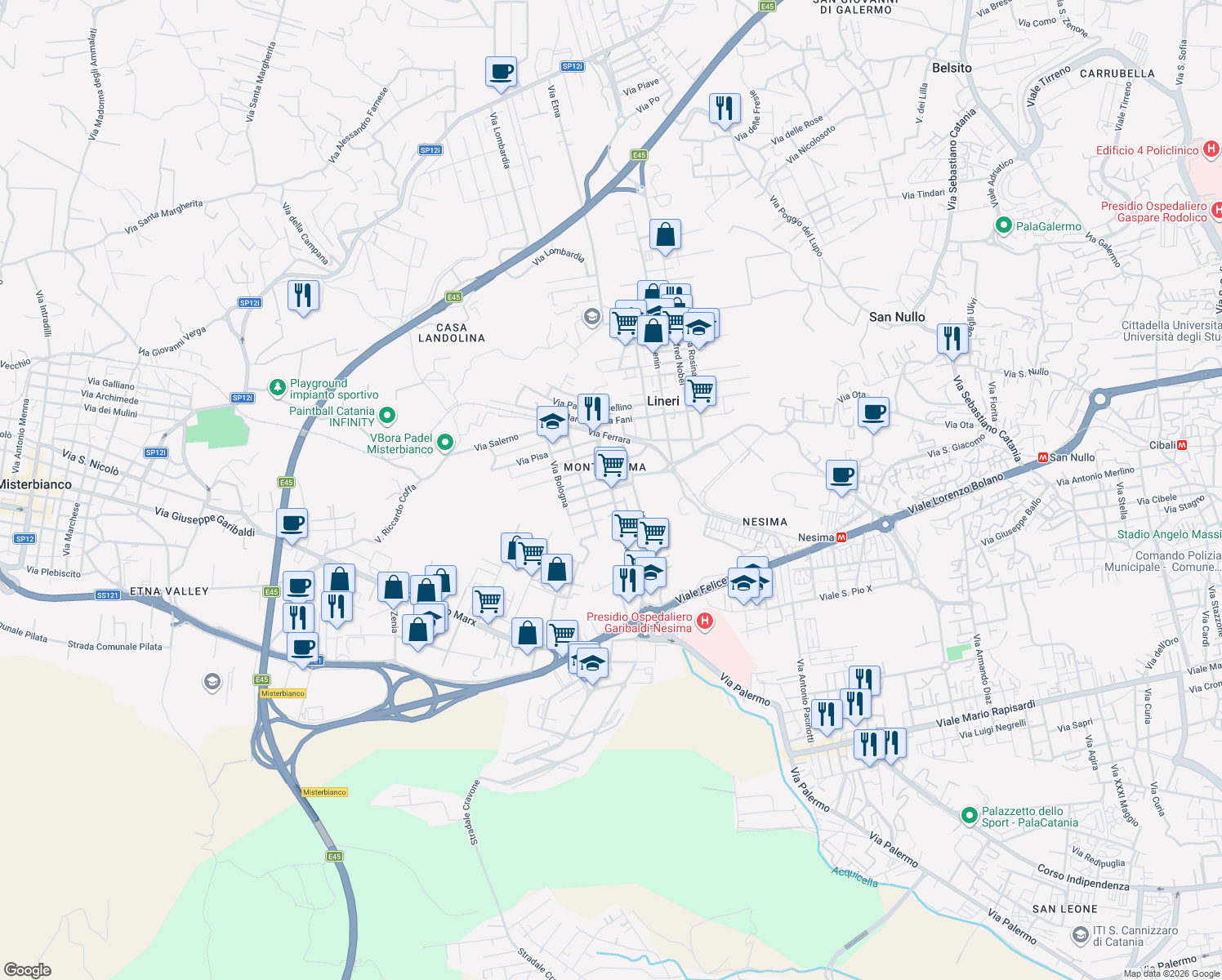 map of restaurants, bars, coffee shops, grocery stores, and more near 60 Via Milano in Misterbianco