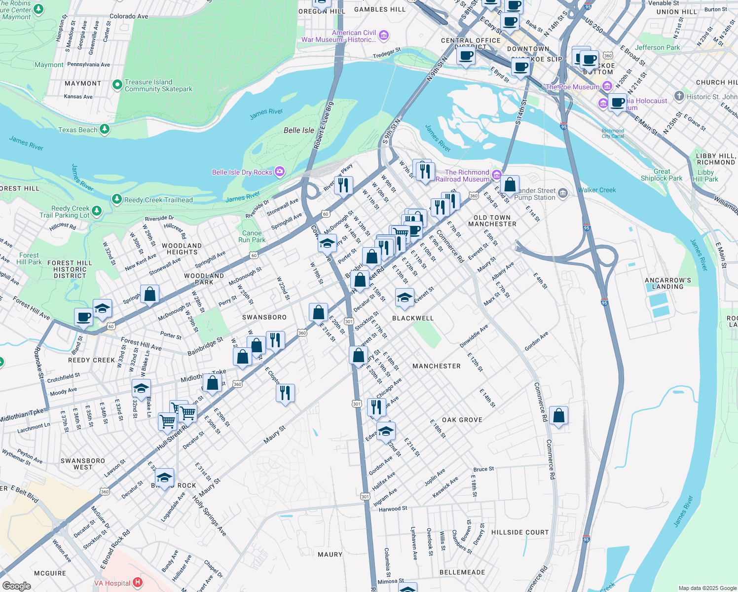 map of restaurants, bars, coffee shops, grocery stores, and more near 1515 Decatur Street in Richmond