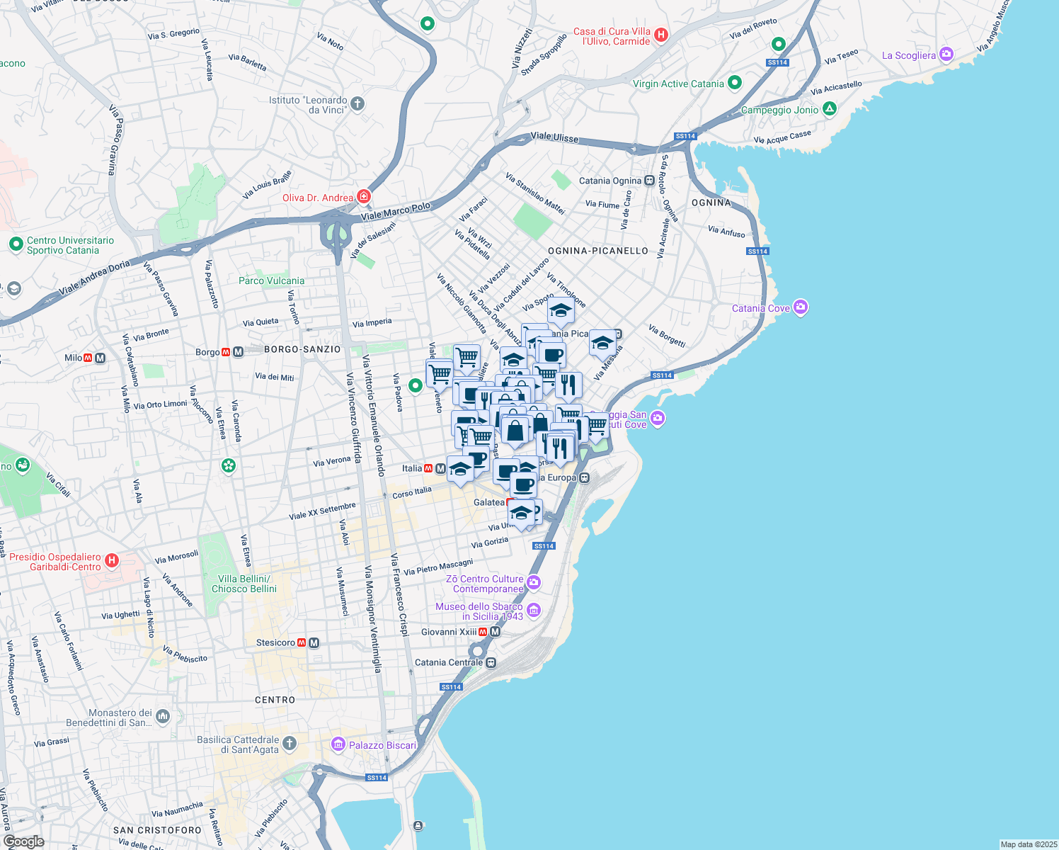 map of restaurants, bars, coffee shops, grocery stores, and more near 33 Via Asiago in Catania