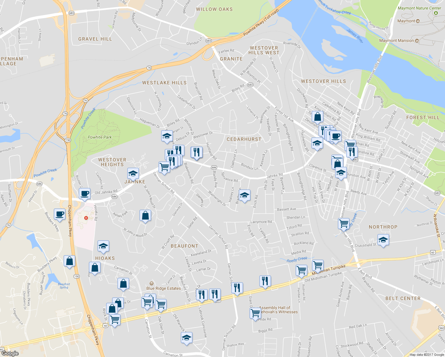 map of restaurants, bars, coffee shops, grocery stores, and more near 5831 Spruance Road in Richmond