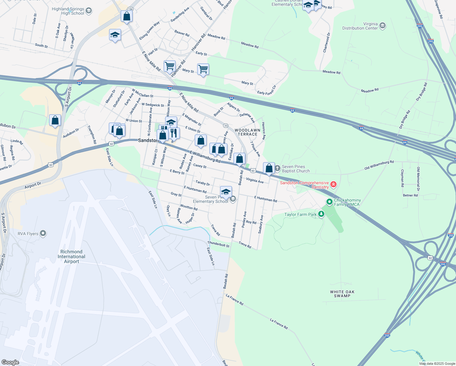 map of restaurants, bars, coffee shops, grocery stores, and more near 409 Green Hollow Lane in Sandston