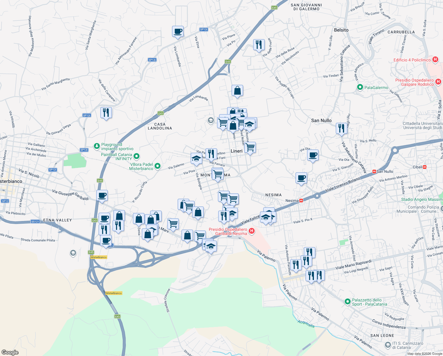 map of restaurants, bars, coffee shops, grocery stores, and more near 60 Via Milano in Misterbianco