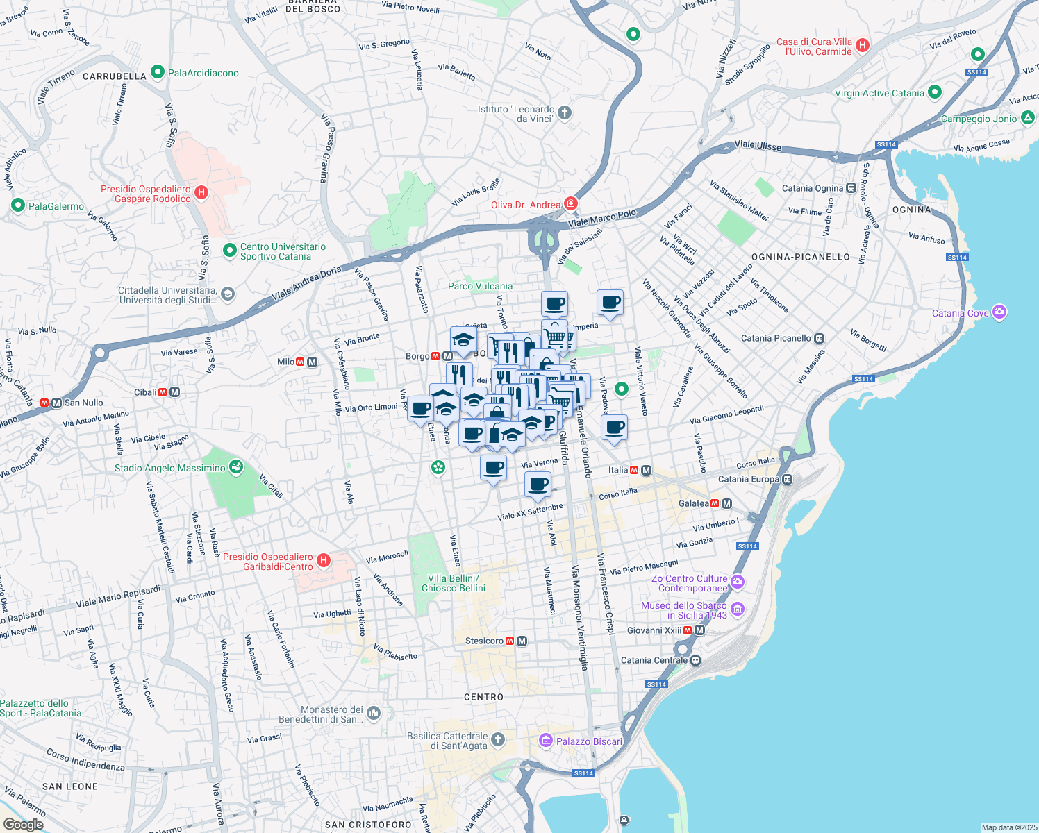 map of restaurants, bars, coffee shops, grocery stores, and more near 224 Via Matteo Renato Imbriani in Catania