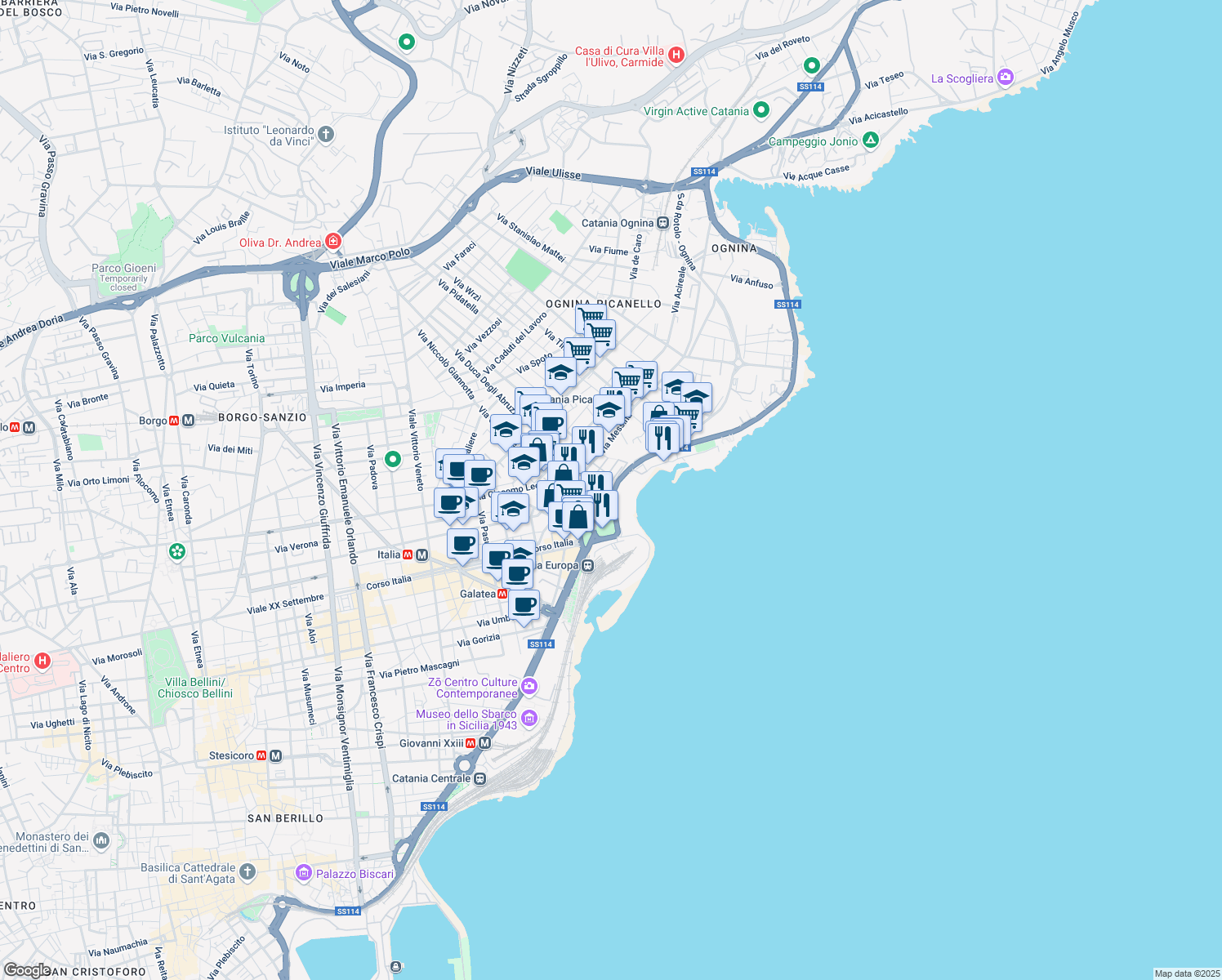 map of restaurants, bars, coffee shops, grocery stores, and more near 24 Via Parramuto in Catania