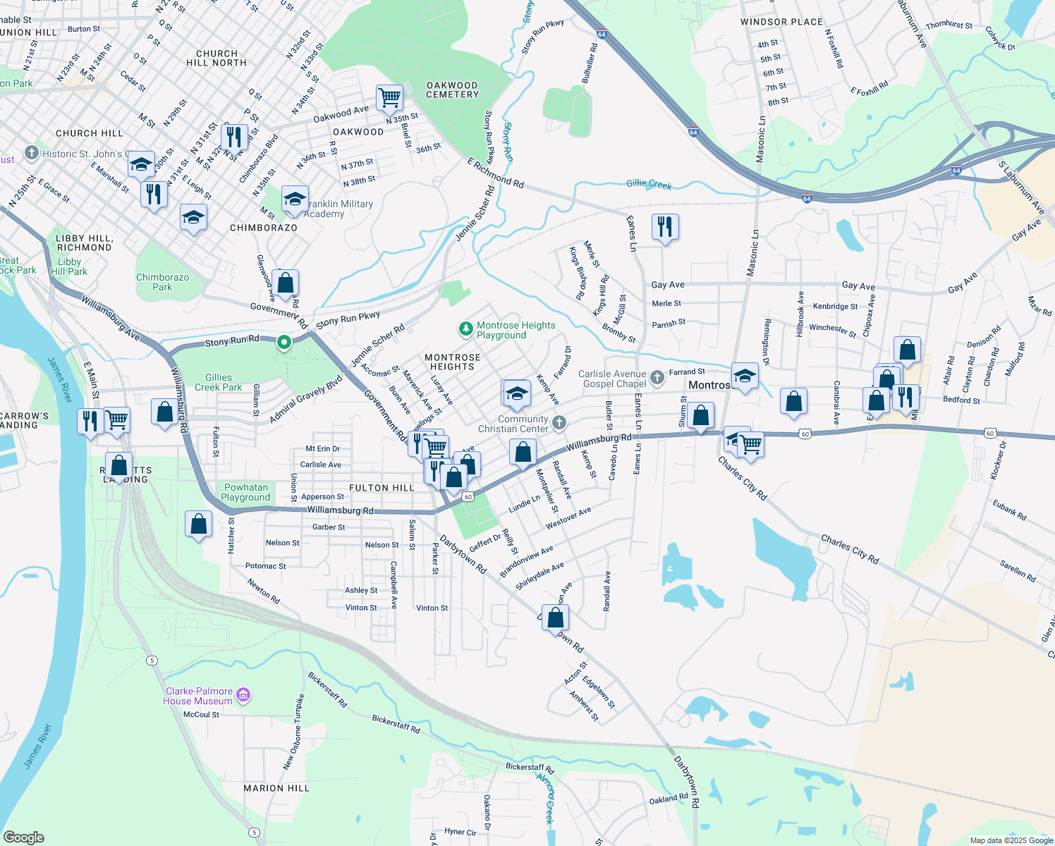 map of restaurants, bars, coffee shops, grocery stores, and more near 2023 Carlisle Avenue in Richmond