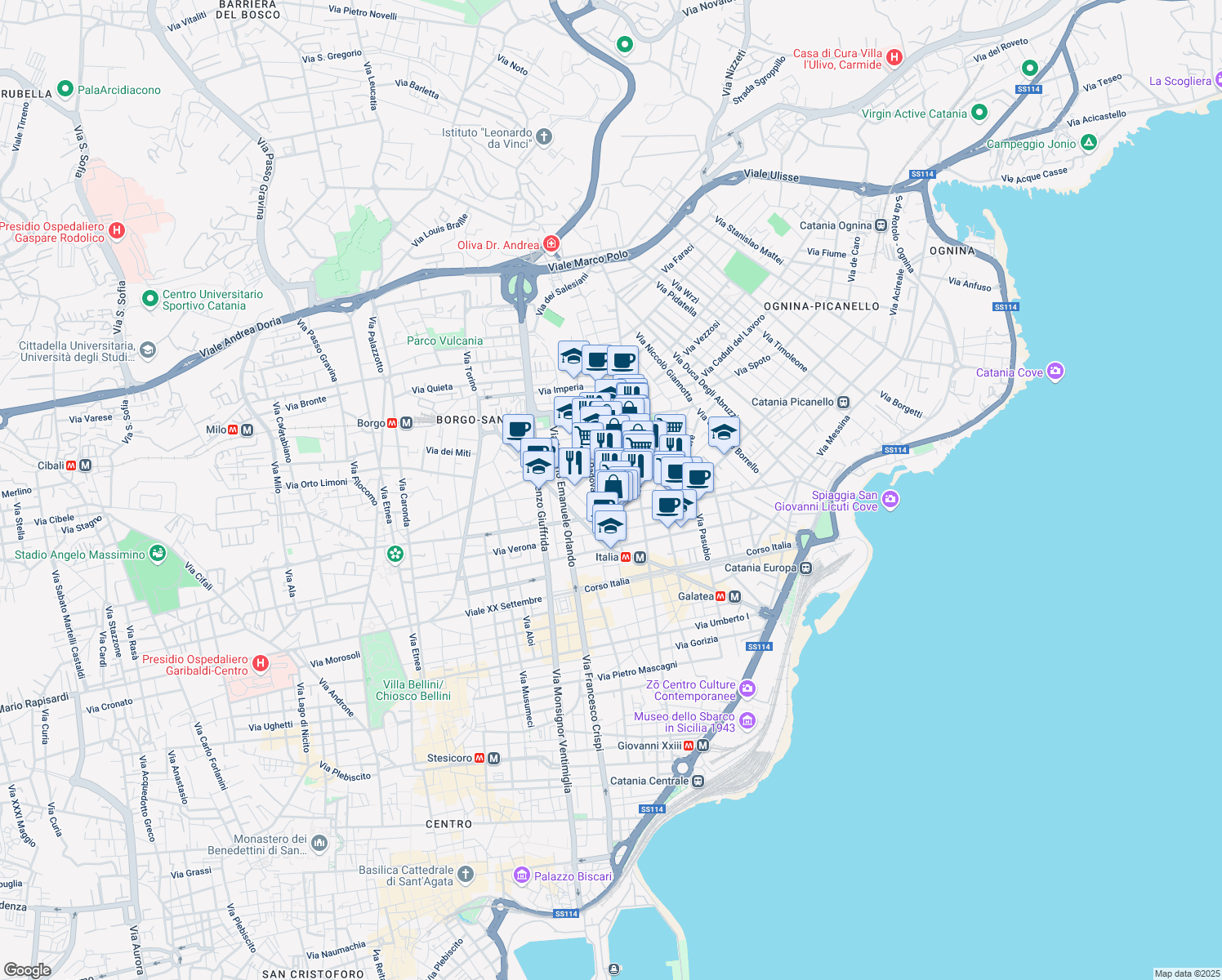 map of restaurants, bars, coffee shops, grocery stores, and more near 14 Via Vicenza in Catania