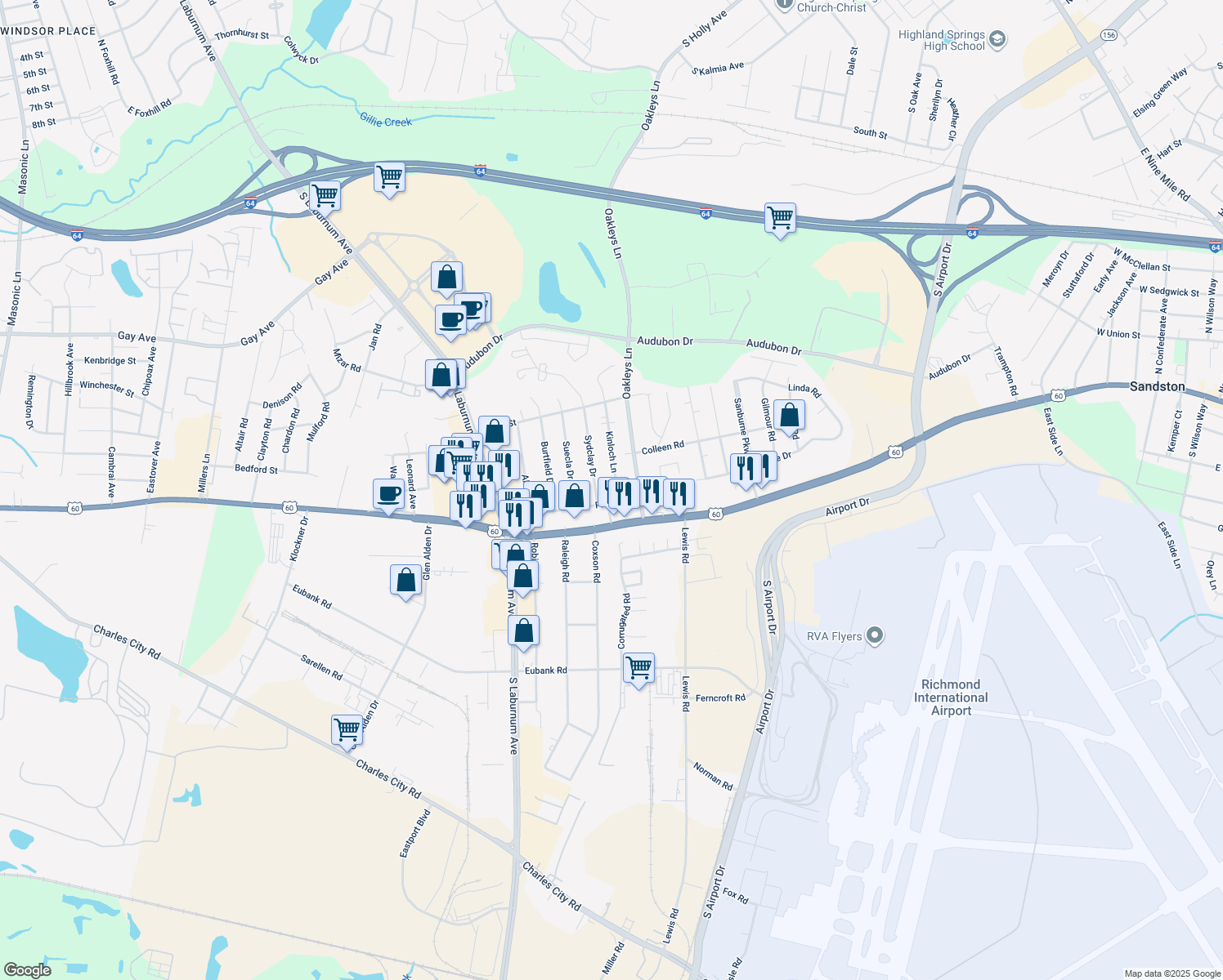 map of restaurants, bars, coffee shops, grocery stores, and more near 4909 Kinloch Lane in Henrico