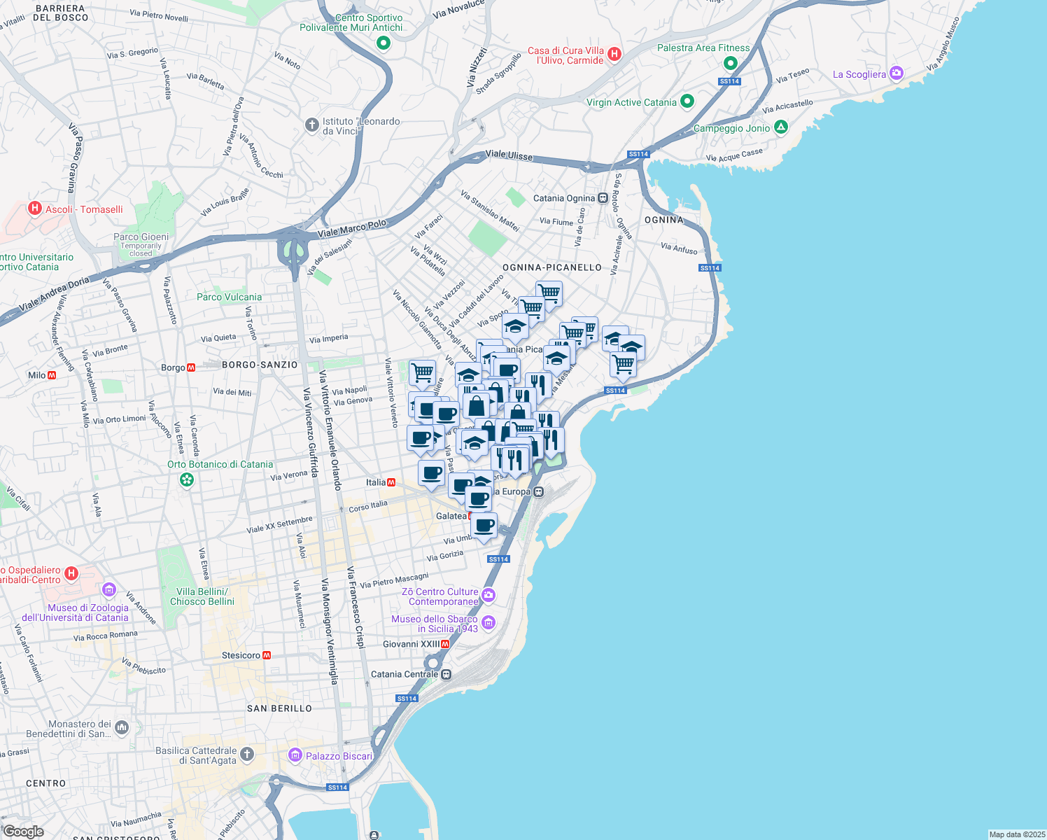 map of restaurants, bars, coffee shops, grocery stores, and more near 2-4 Via Duca degli Abruzzi in Catania