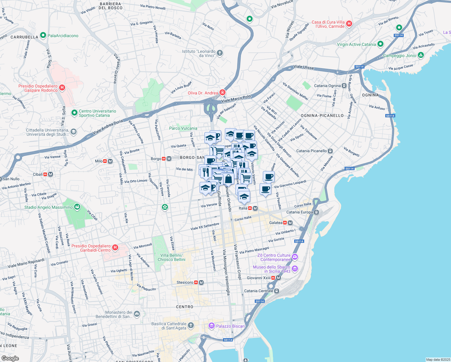 map of restaurants, bars, coffee shops, grocery stores, and more near 9 Via Vicenza in Catania