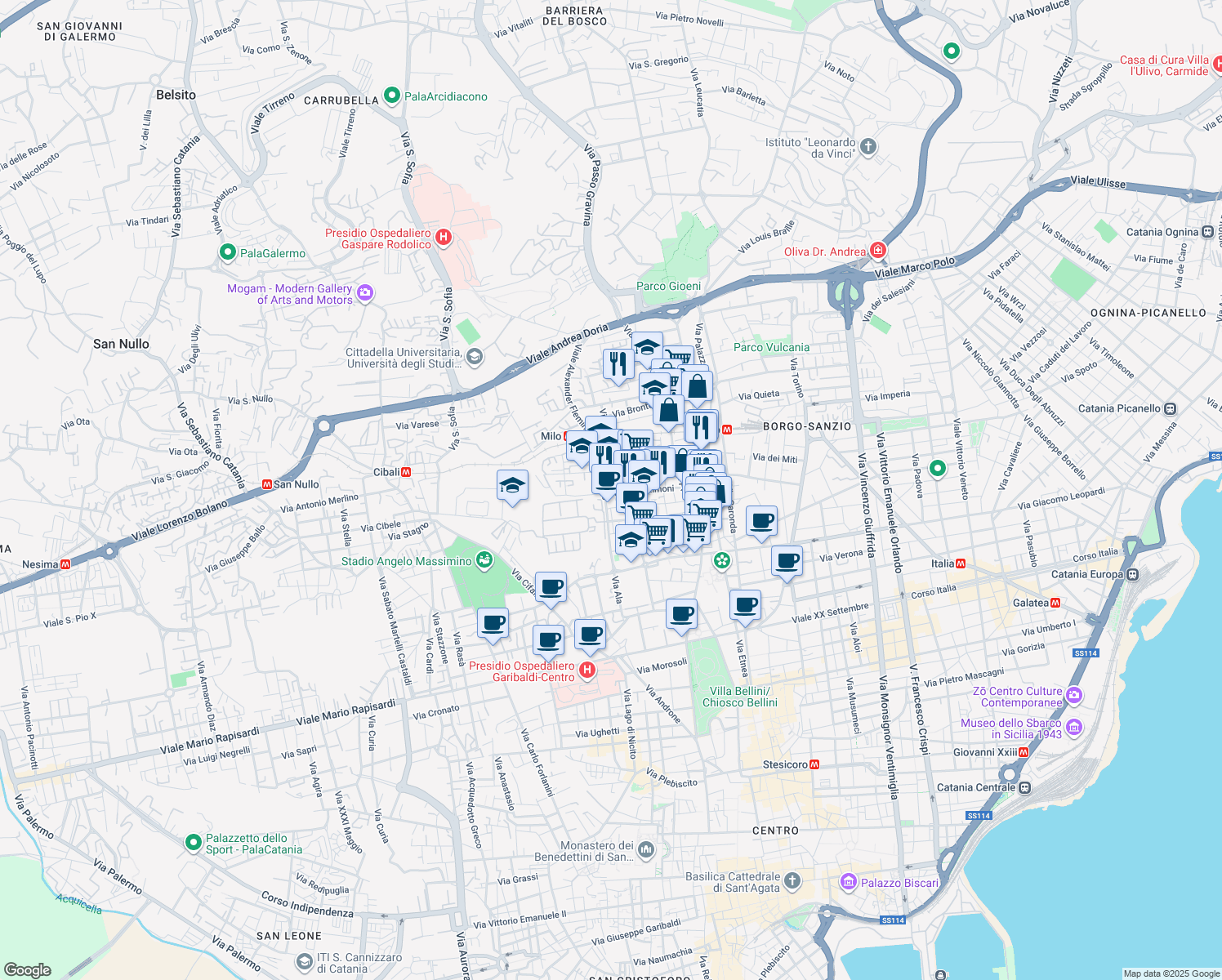 map of restaurants, bars, coffee shops, grocery stores, and more near 55 Via Orto Limoni in Catania