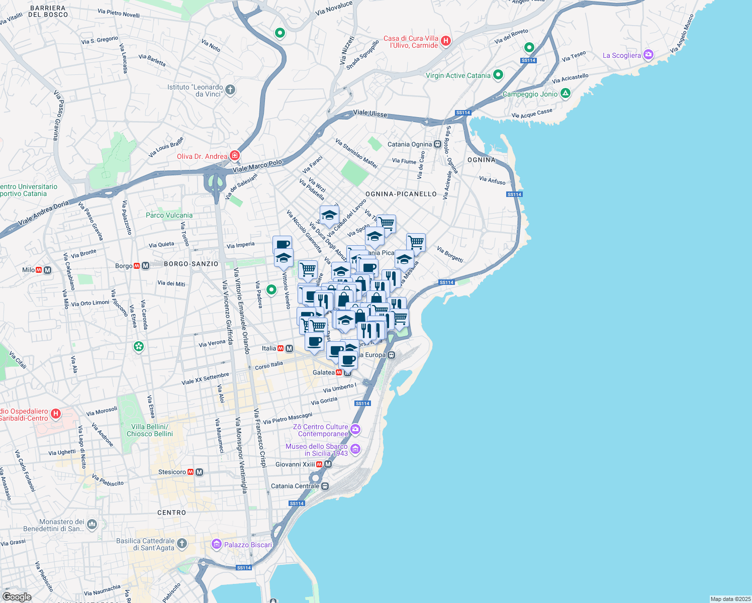 map of restaurants, bars, coffee shops, grocery stores, and more near 12-18 Via Principe Nicola in Catania