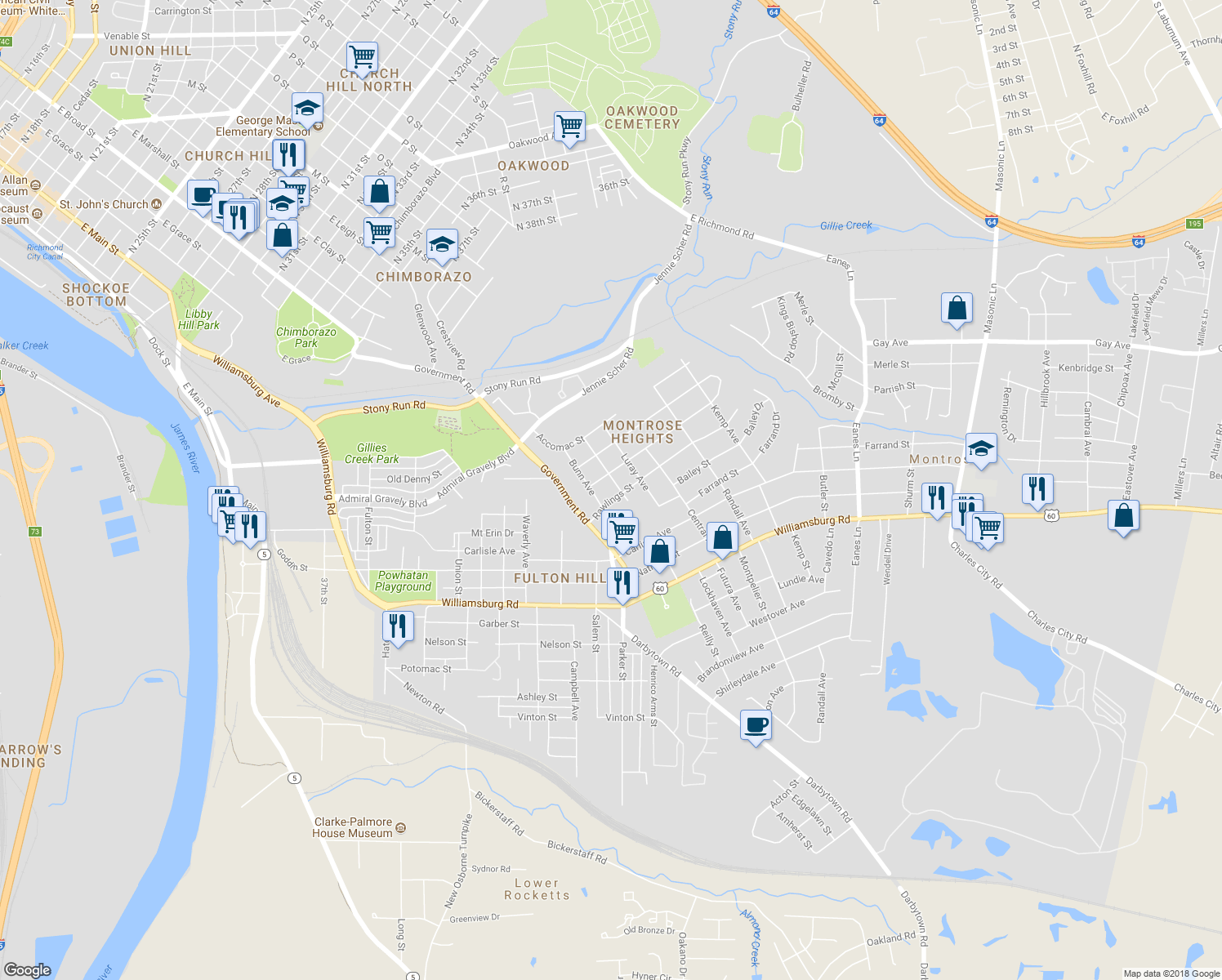map of restaurants, bars, coffee shops, grocery stores, and more near 4607 Maverick Avenue in Richmond